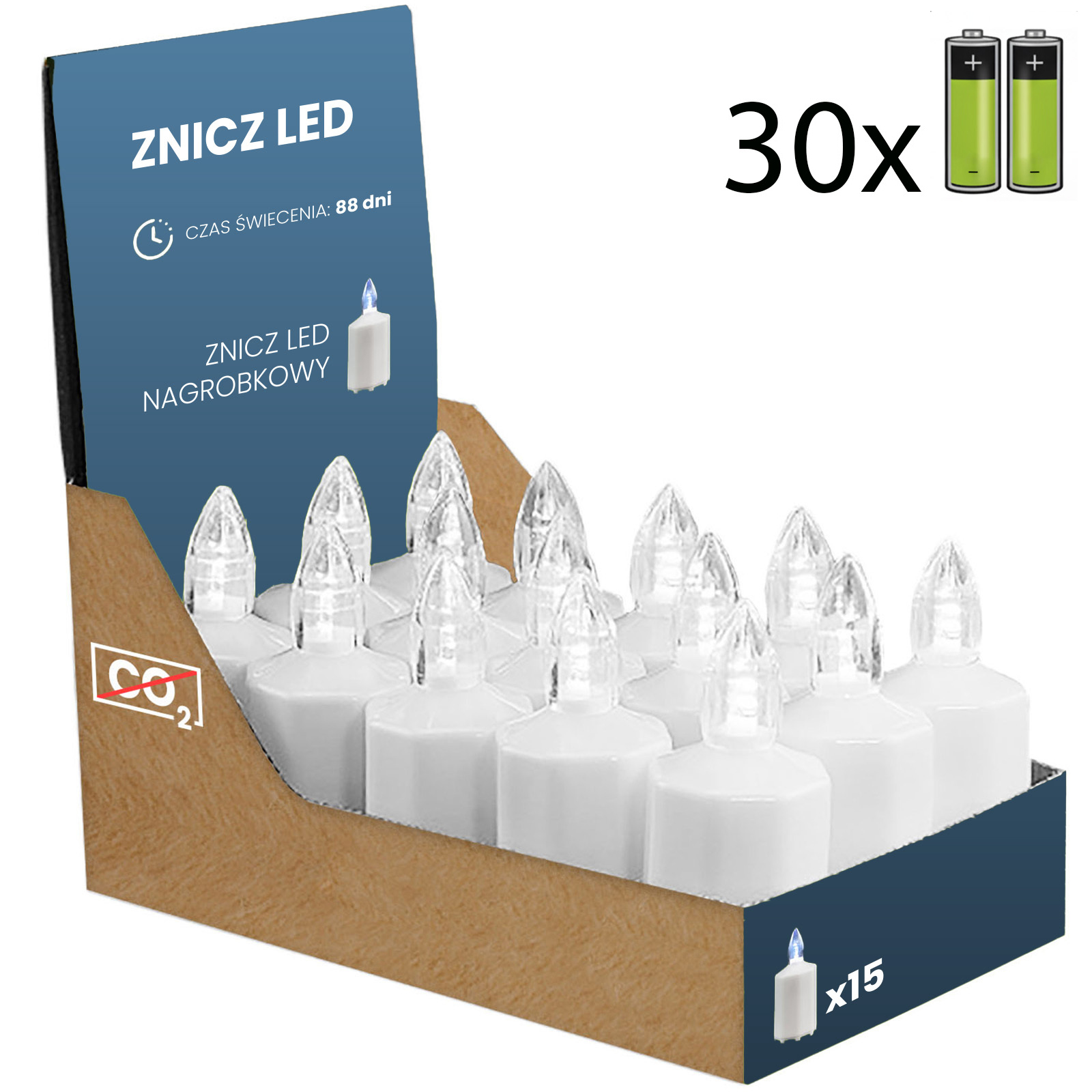 Zestaw 15x Znicz Elektryczny LED Świeca Wkład Nagrobkowy + 30 Baterii R6 Biały - skład produktu