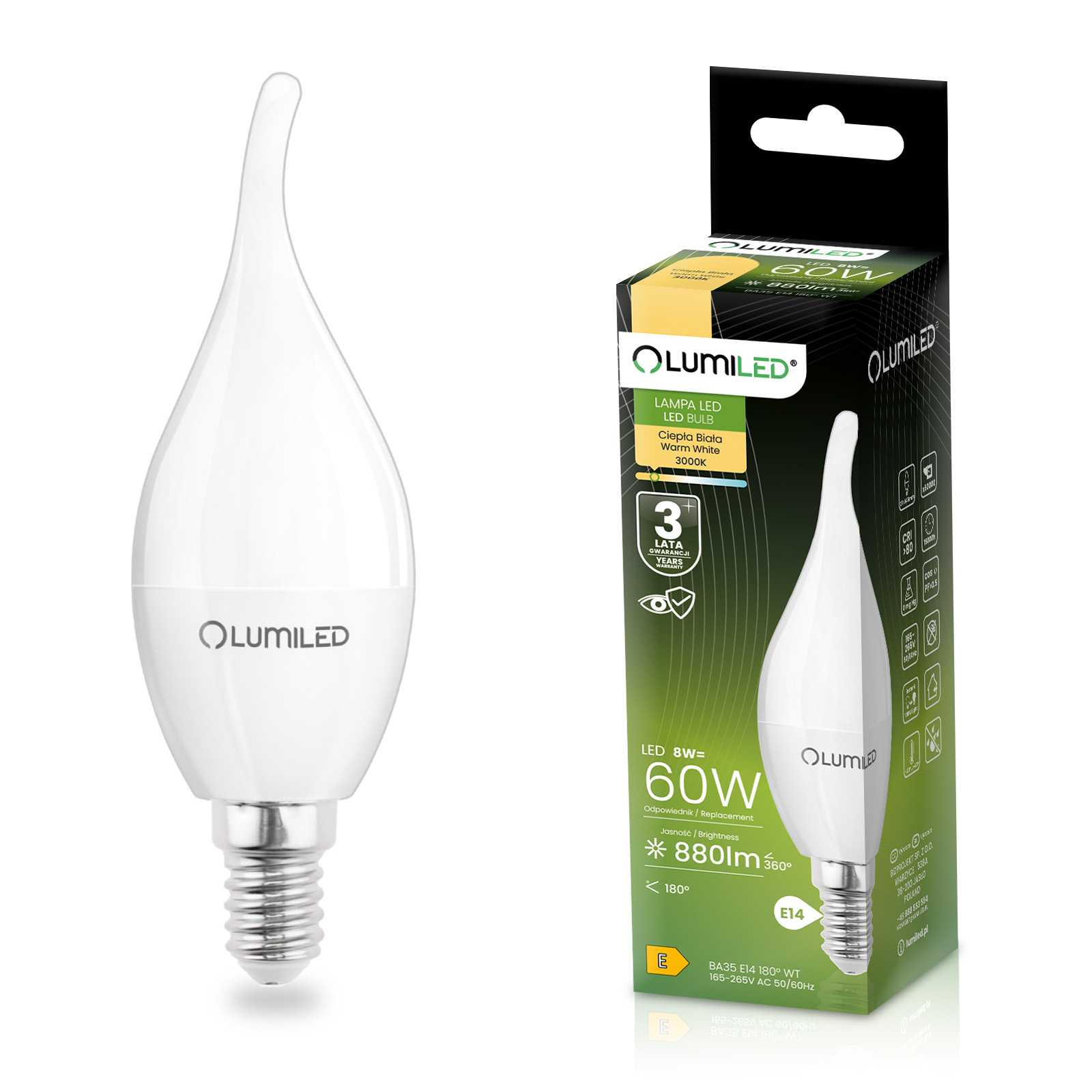Żarówka LED E14 Świeczka BA35 8W = 60W 880lm 3000K Ciepła 180° LUMILED - główne zdjęcie produktu