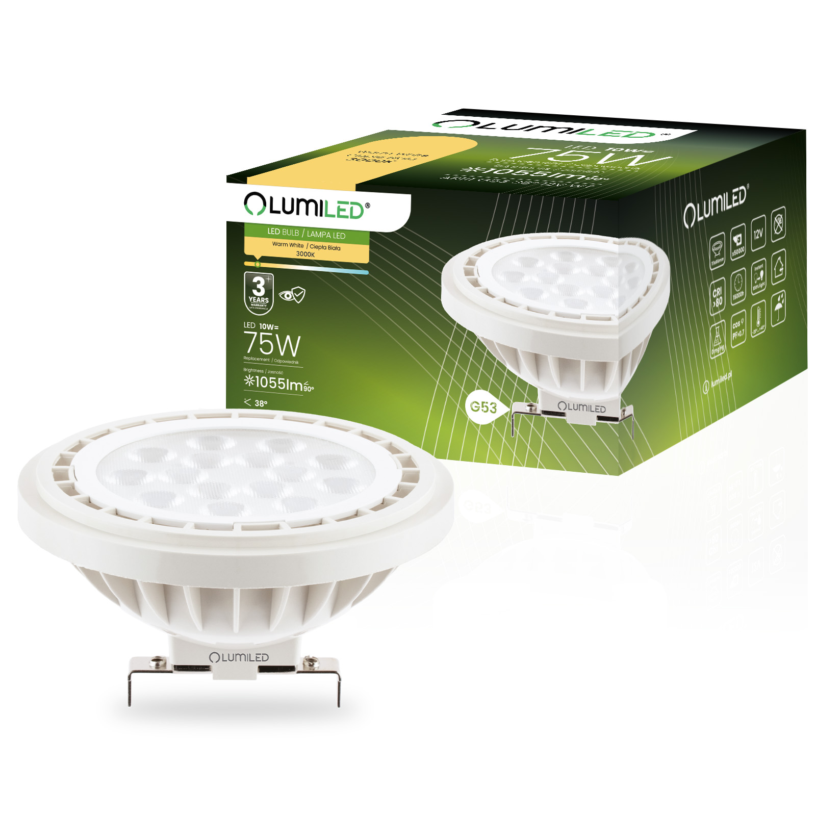 Żarówka LED G53 Reflektor AR111 10W = 75W 1055lm 3000K Ciepła 38° 12V LUMILED - główne zdjęcie produktu