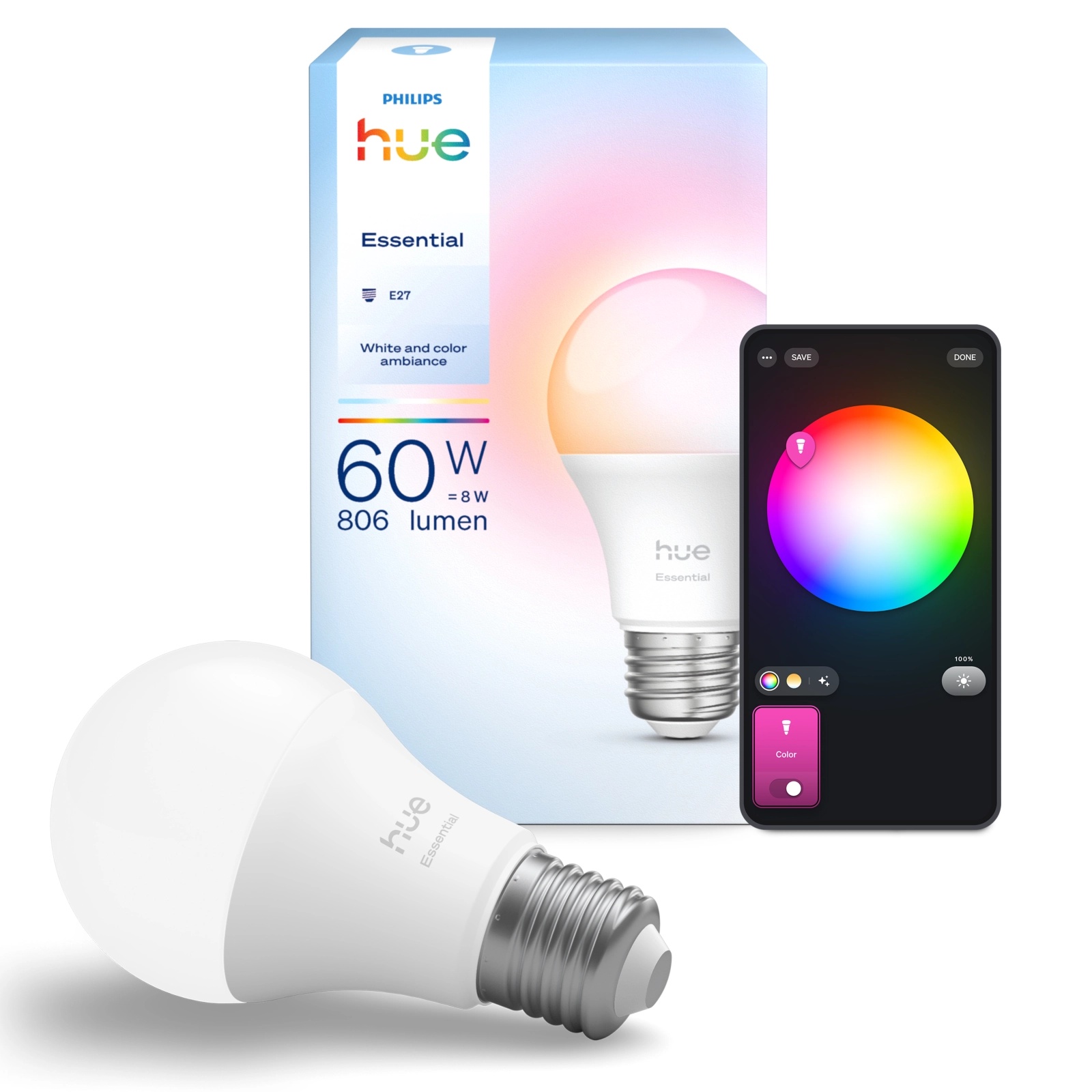 Żarówka LED E27 A60 8W = 60W 806lm 2200-6500K CCT + RGB SMART Inteligentna Bluetooth ZigBee White and Color Ambiance Philips HUE Essential - główne zdjęcie produktu