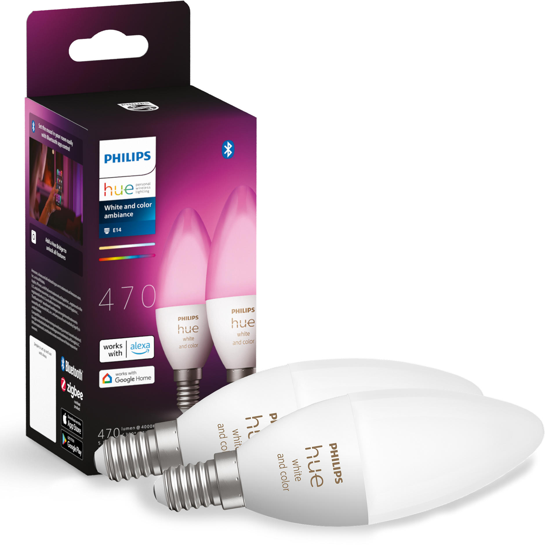 2x Żarówka LED E14 Świeczka B39 5.3W = 40W 470lm 2000-6500K CCT + RGB SMART Inteligentna Bluetooth ZigBee White and Color Ambiance Philips HUE - główne zdjęcie produktu