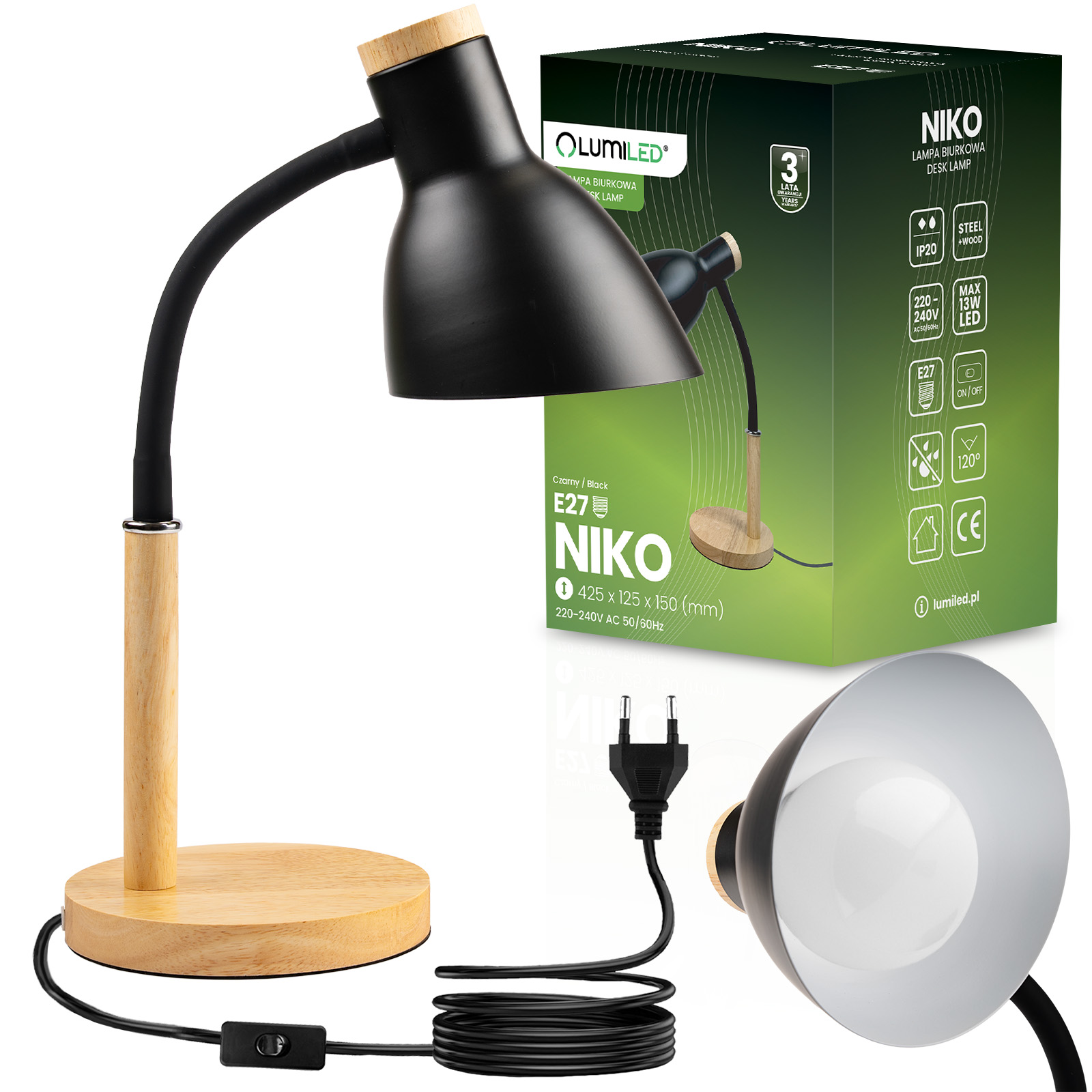 Lampka Biurkowa Szkolna Kreślarska Stołowa Dekoracyjna E27 NIKO Czarna Lumiled - główne zdjęcie produktu