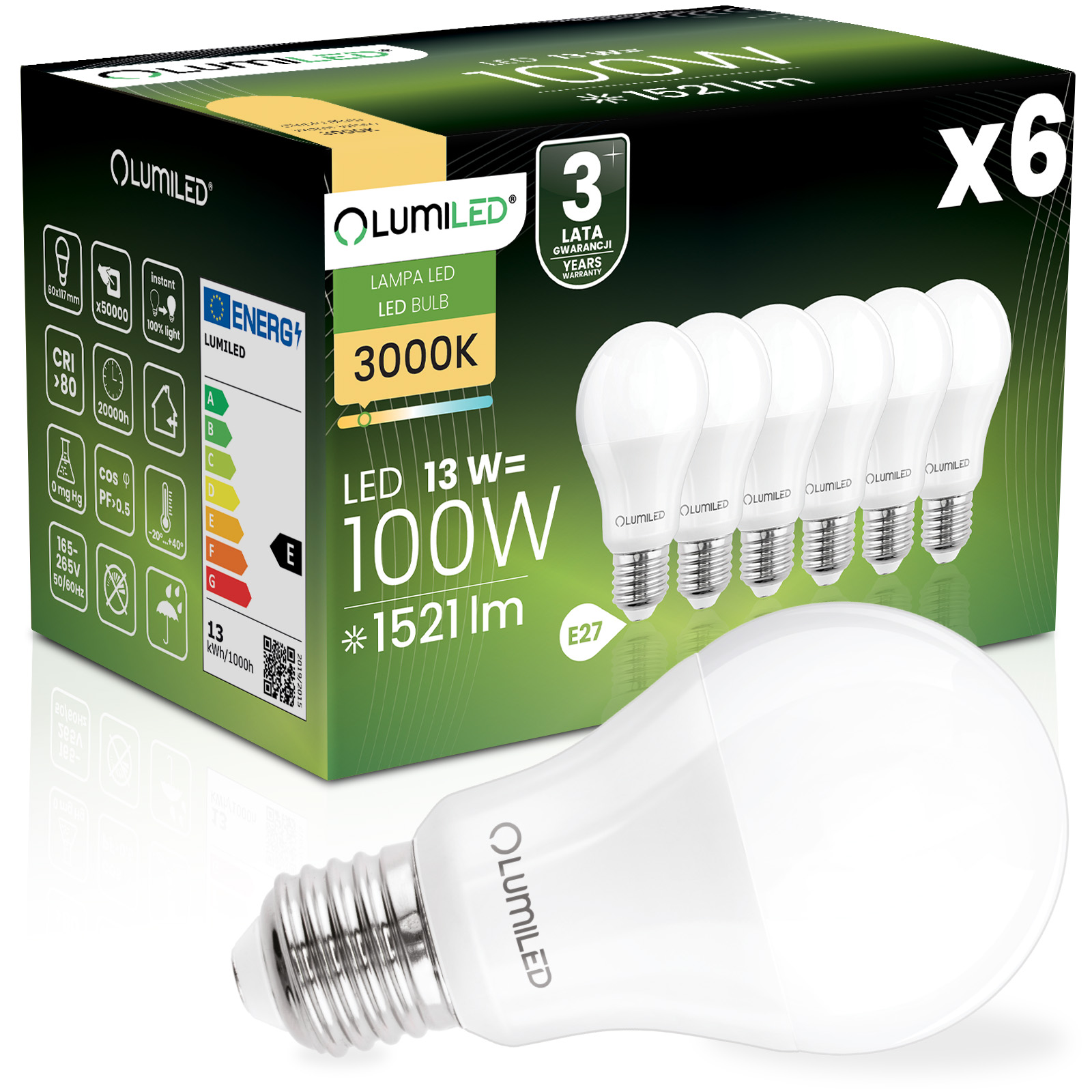 6x Żarówka LED E27 A60 13W = 100W 1521lm 3000K Ciepła 260° LUMILED - główne zdjęcie produktu