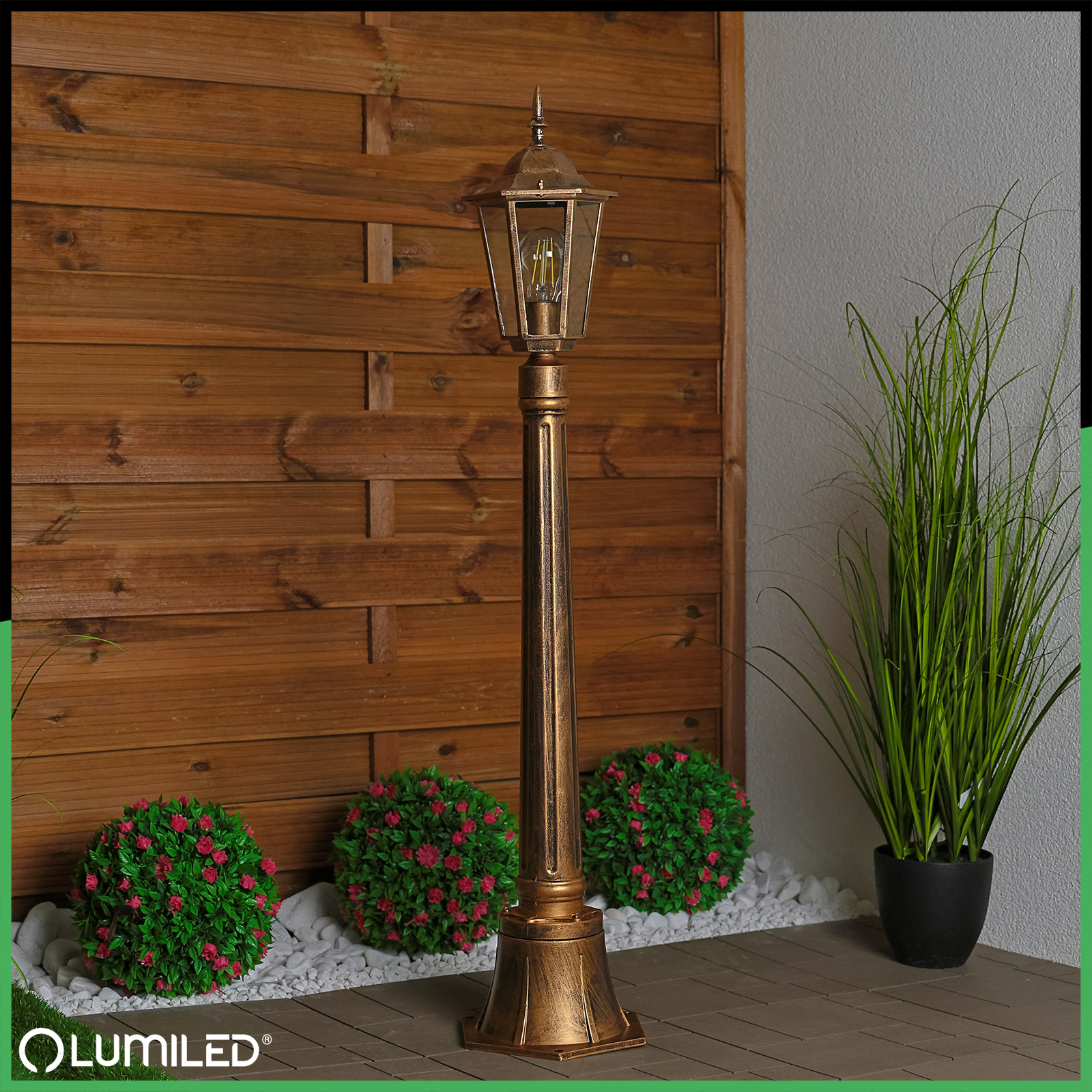 Lampa Ogrodowa Zewnętrzny E27 Niski SŁUPEK LATARNIA 110cm Patyna BELLIS LUMILED - obszar zastosowań