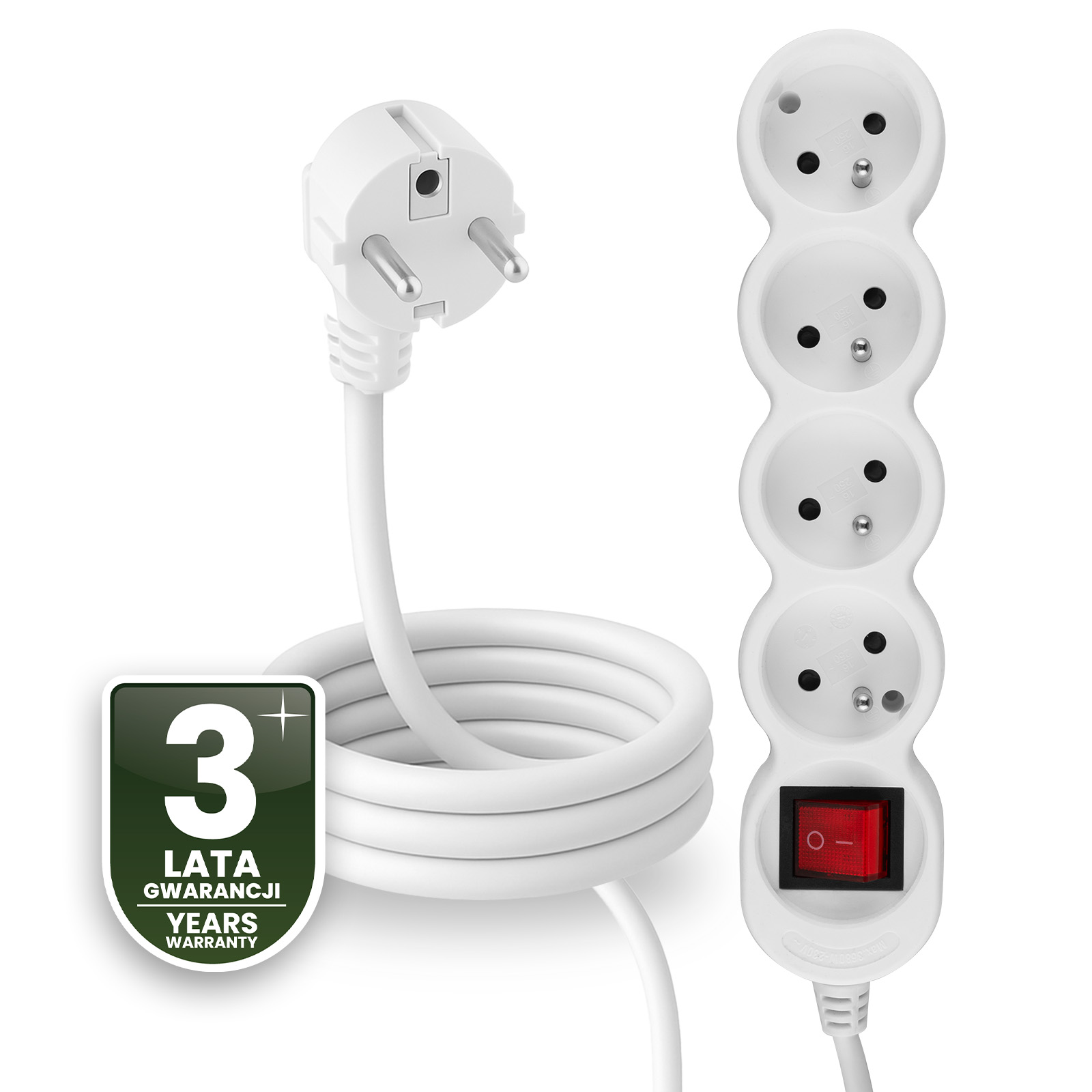 Przedłużacz Sieciowy Kabel z Uziemieniem Listwa Zasilająca 4 Gniazda 1.5m Włącznik ON/OFF Biały Sznur Lendo Lumiled - czwarta cecha produktu
