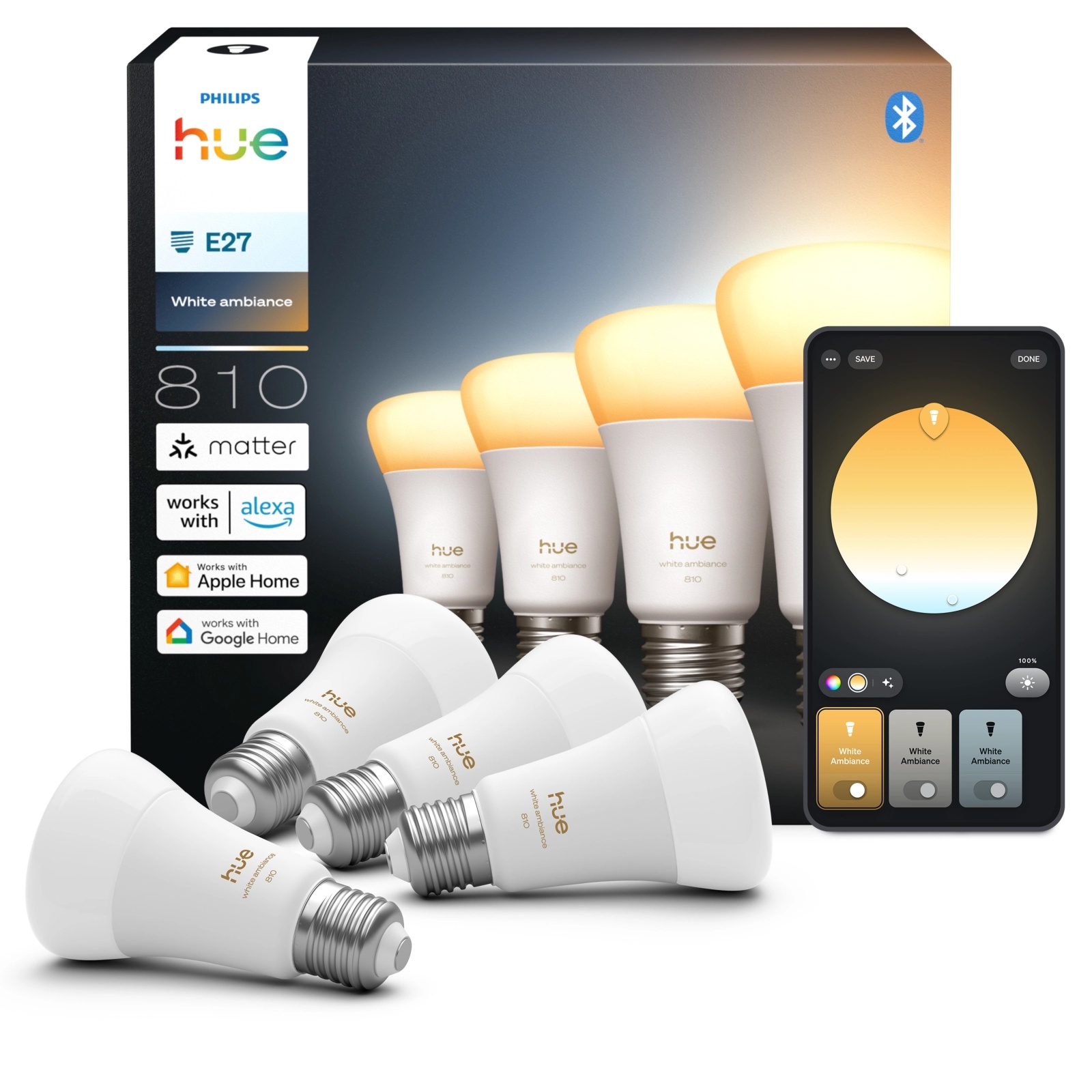 4x Żarówka LED E27 A60 6W = 60W 810lm 1800-20000K CCT SMART Inteligentna Bluetooth ZigBee White Ambiance Philips HUE - główne zdjęcie produktu