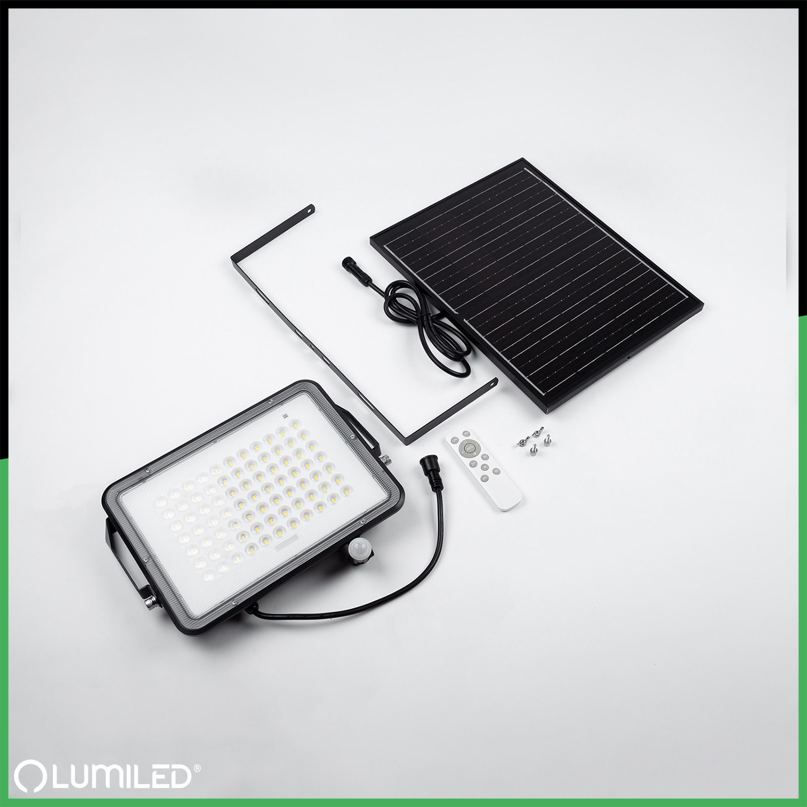 Naświetlacz Solarny LED Halogen 300W Lampa Ogrodowa 4000K IP65 Czujnik Ruchu PIR + Pilot FULGOR LUMILED - skład produktu