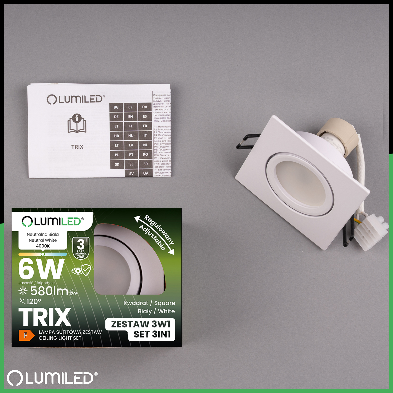 Oprawa Halogenowa Podtynkowa Kwadratowa Ruchoma TRIX 3w1 GU10 6W 4000K BIAŁY MAT LUMILED - skład produktu