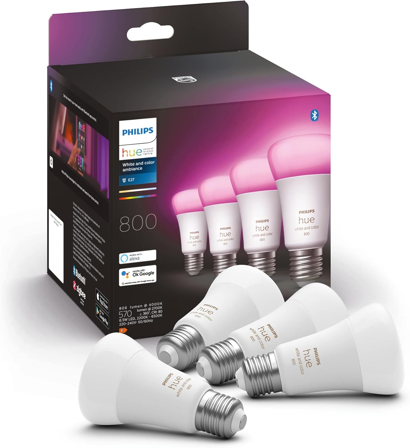 4x Żarówka LED E27 A60 9W = 60W 806lm 2000-6500K CCT + RGB SMART Inteligentna Bluetooth ZigBee White and Color Ambiance Philips HUE - główne zdjęcie produktu