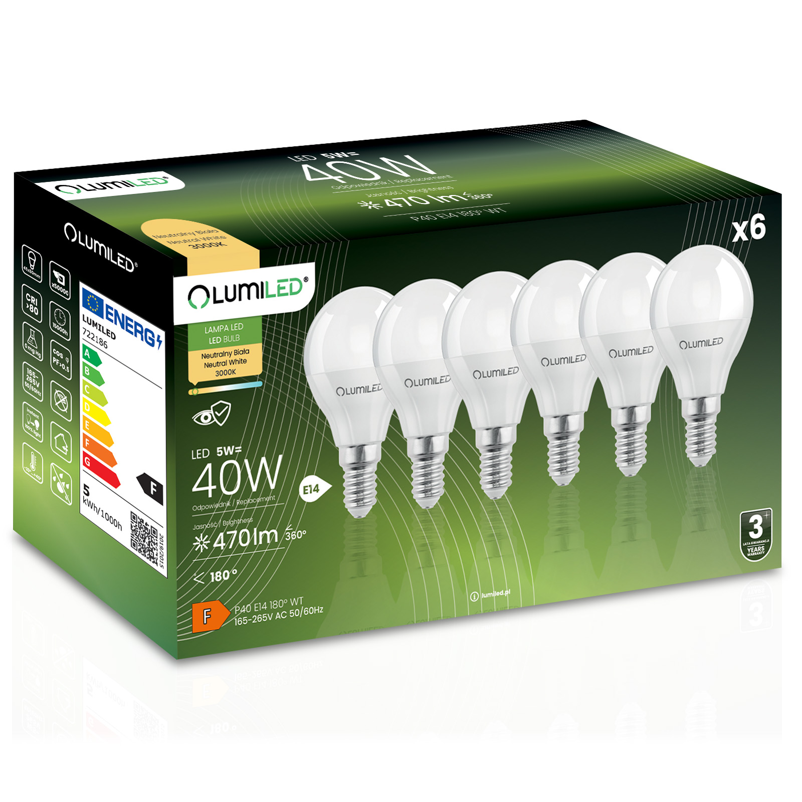 6x Żarówka LED E14 Kulka P45 5W = 40W 470lm 3000K Ciepła 180° LUMILED - główne zdjęcie produktu