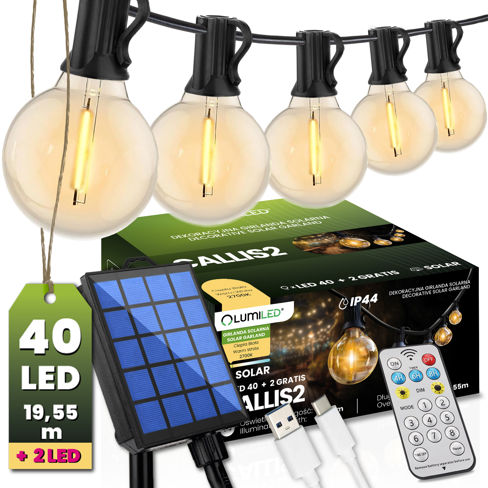 Girlanda Solarna Ogrodowa 40x LED Ozdobne Kuleczki 19,55m 2700K Ciepła + Pilot CALLIS2 LUMILED - główne zdjęcie produktu