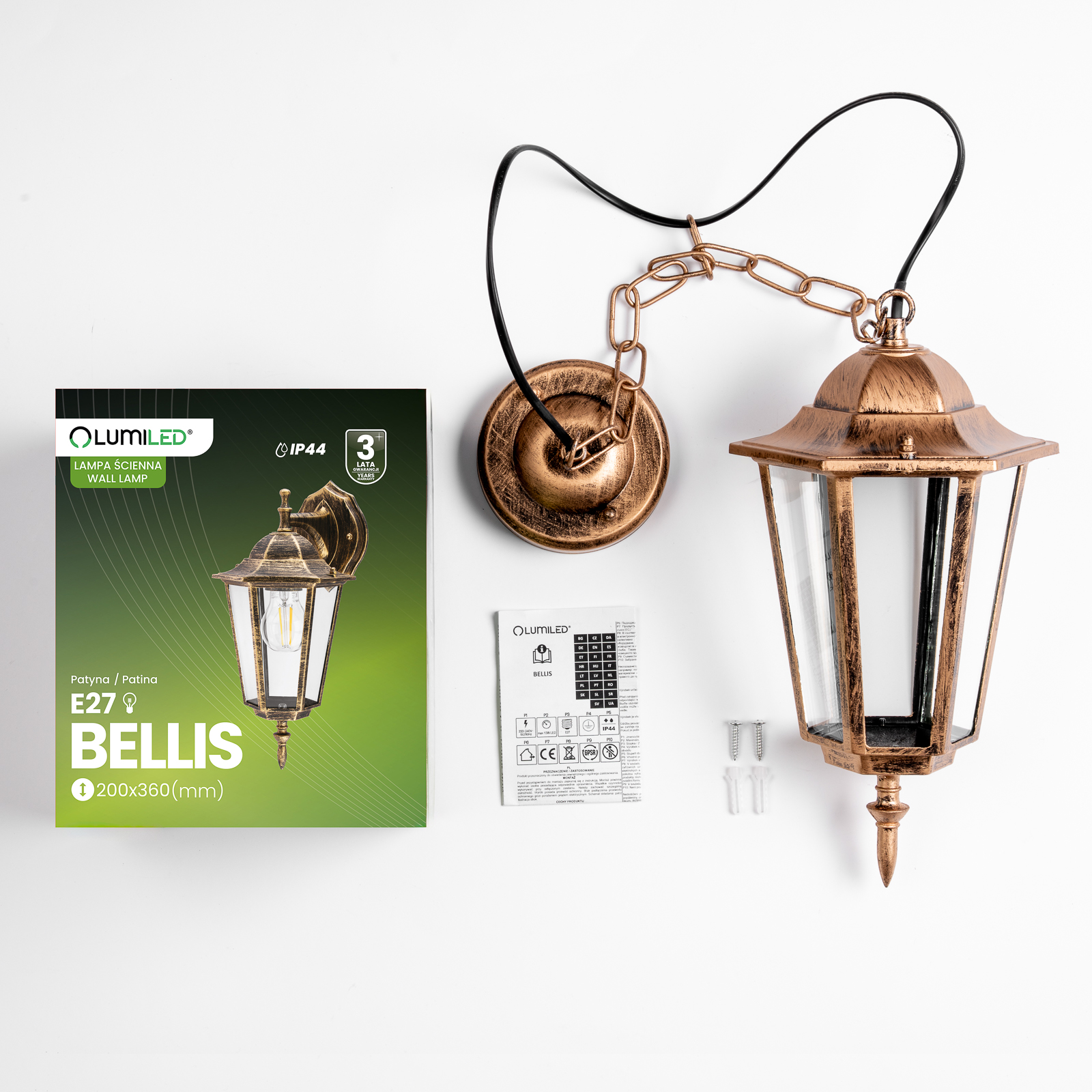 Lampa Ogrodowa Wisząca Zewnętrzna E27 LATARNIA Patyna BELLIS LUMILED - skład produktu