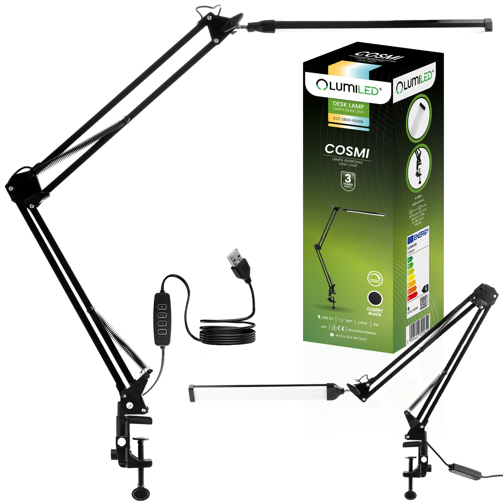 Lampka Biurkowa Kreślarska Stołowa LED 8W CCT USB Ściemnialna COSMI Czarna Lumiled - główne zdjęcie produktu