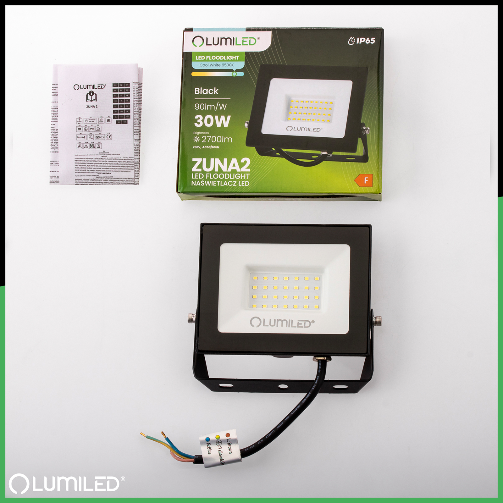 Naświetlacz LED ZUNA2 30W 2700lm 6500K IP65 Czarny LUMILED - skład produktu