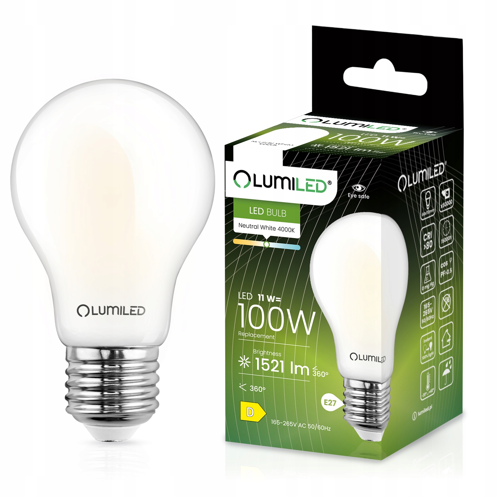 Żarówka LED E27 A60 11W = 100W 1521lm 4000K Neutralna 360° FILAMENT LUMILED - główne zdjęcie produktu