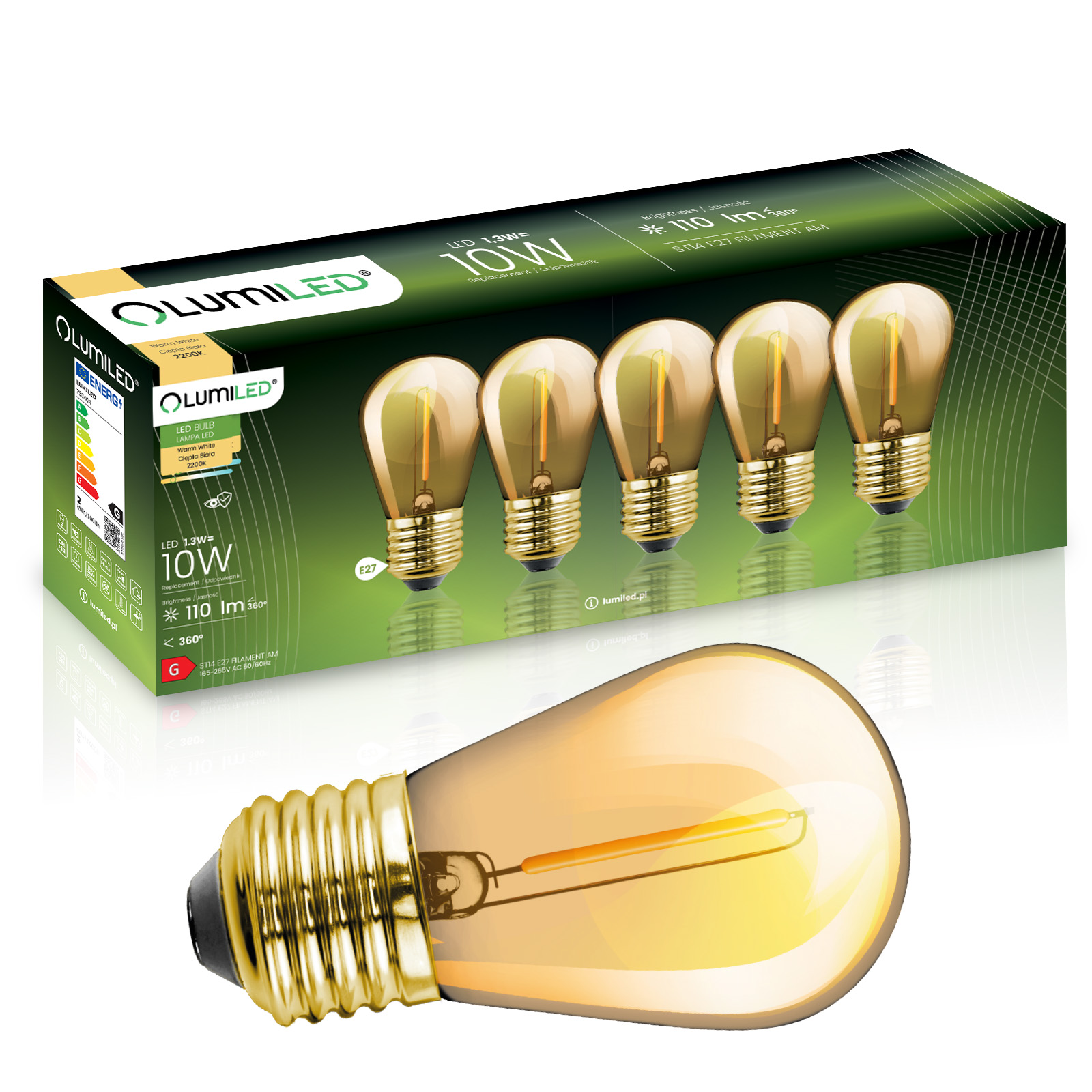 5x Żarówka LED E27 Edison ST14 1,3W = 10W 110lm 2200K Ciepła 360° BURSZTYNOWA FILAMENT LUMILED - główne zdjęcie produktu
