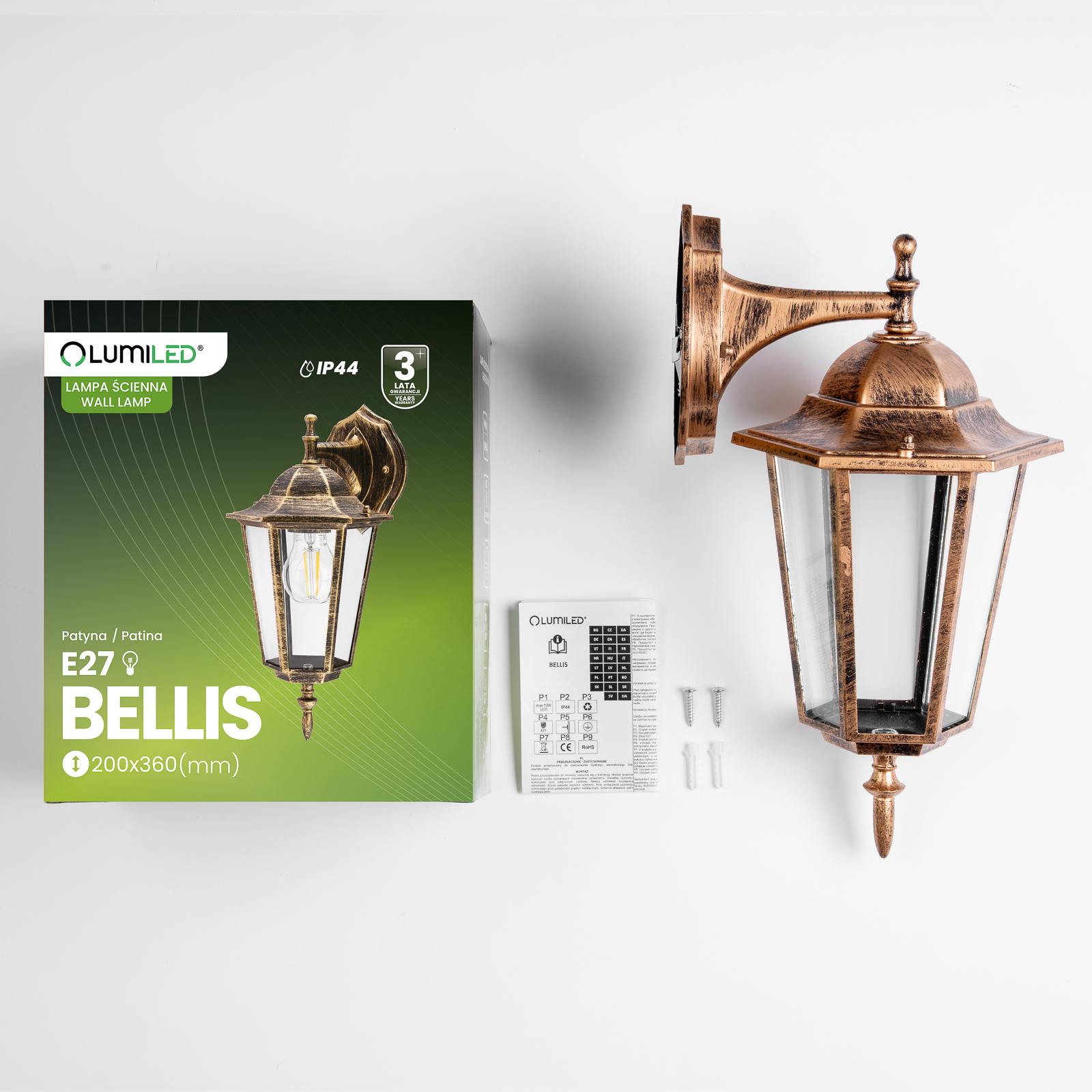 Kinkiet Ogrodowy Elewacyjny Zewnętrzny E27 LATARNIA do DOŁU Patyna BELLIS LUMILED - skład produktu