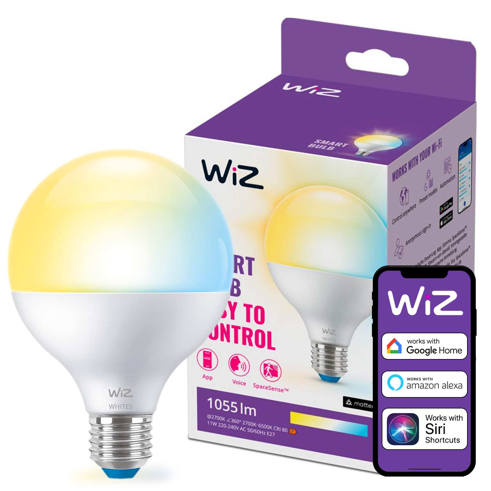 Żarówka LED E27 Kula G95 11W = 75W 1055lm 2700-6500K TW Inteligentna SMART WiFi Bluetooth Aplikacja WiZ - główne zdjęcie produktu