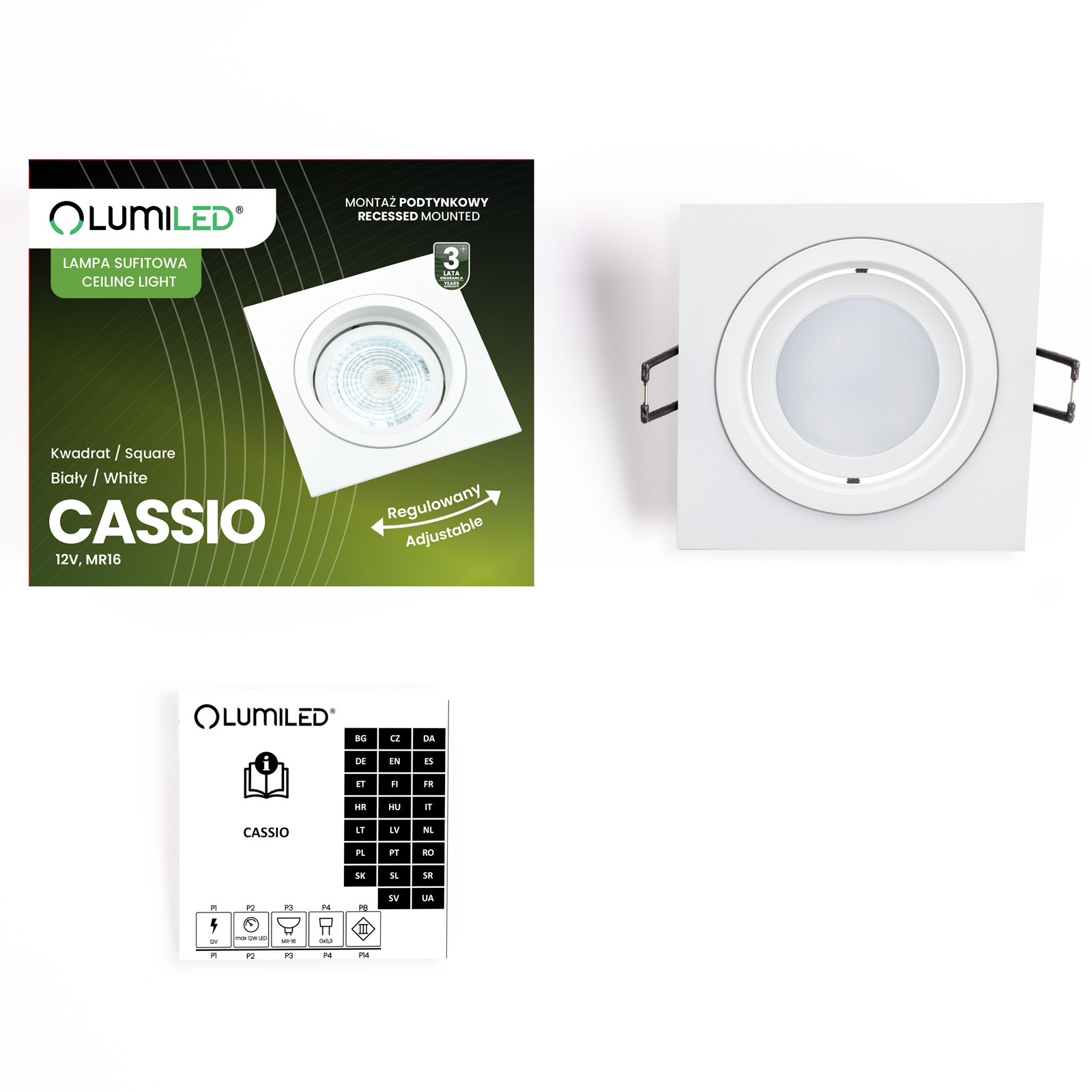 Oprawa HALOGENOWA Podtynkowa Ruchoma GU10 MR16 Kwadrat Biała CASSIO LUMILED - skład produktu