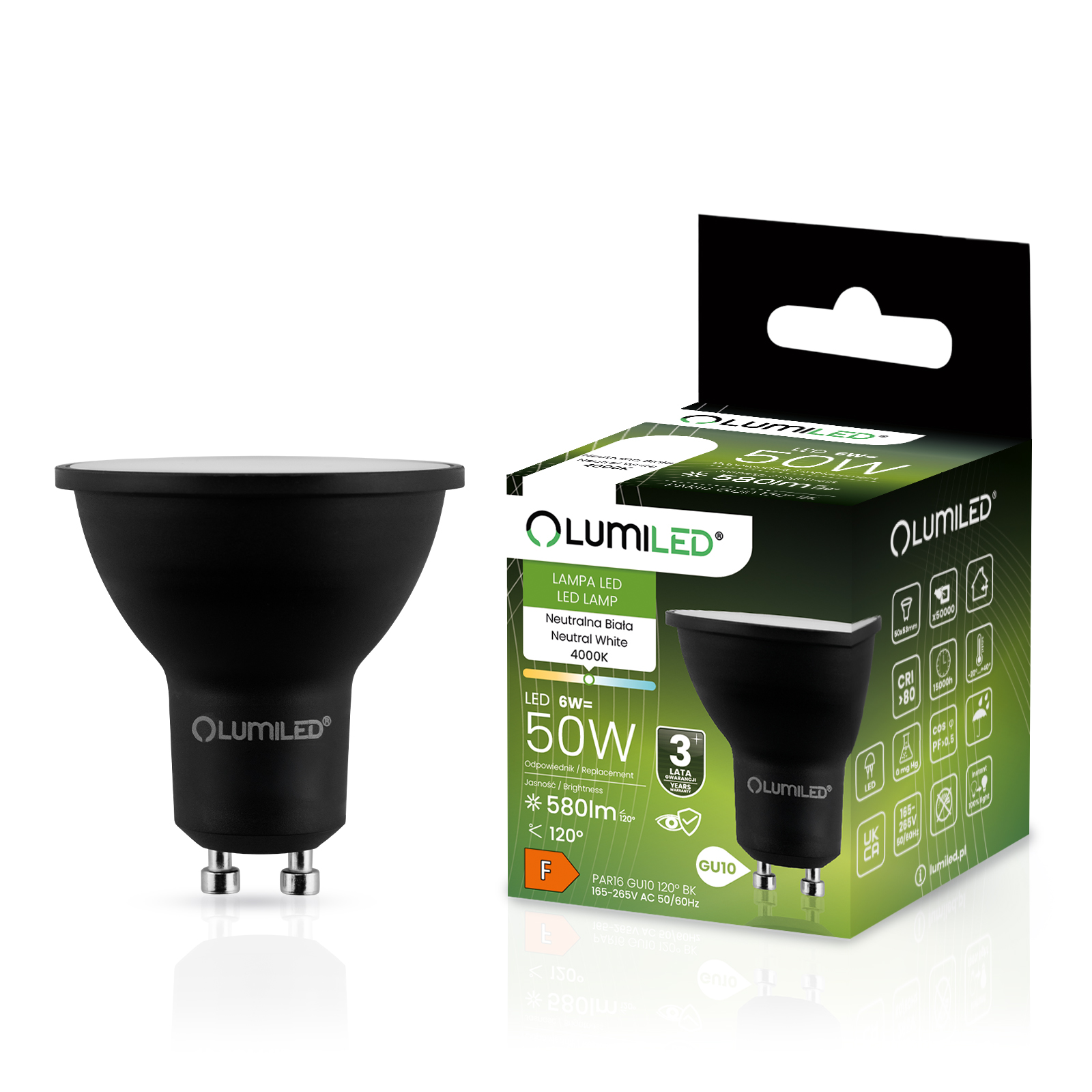 Żarówka LED GU10 Reflektor PAR16 6W = 50W 580lm 4000K Neutralna 120° Czarna LUMILED - główne zdjęcie produktu