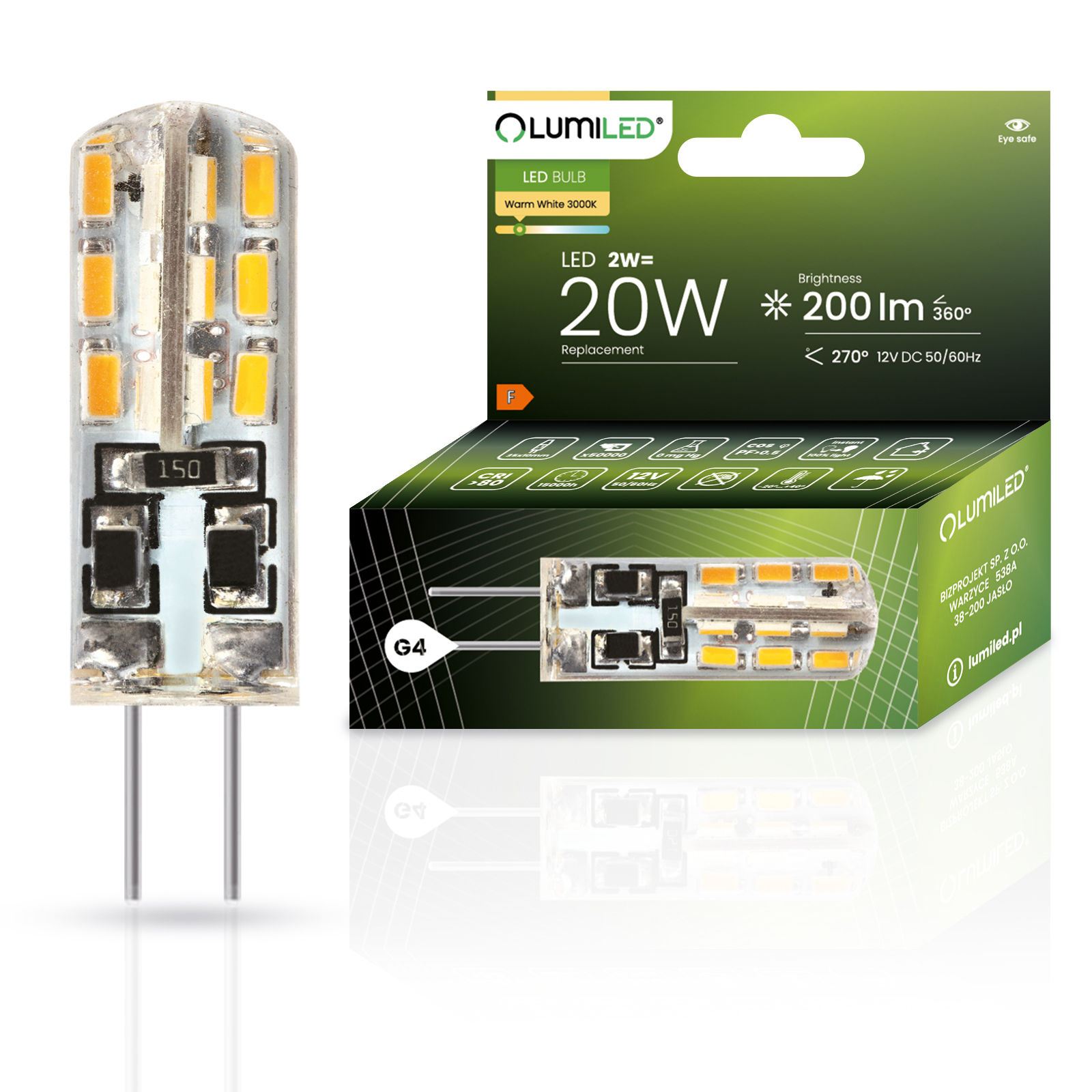 Żarówka LED G4 Kapsułka 2W = 20W 200lm 3000K Ciepła 360° 12V LUMILED - główne zdjęcie produktu