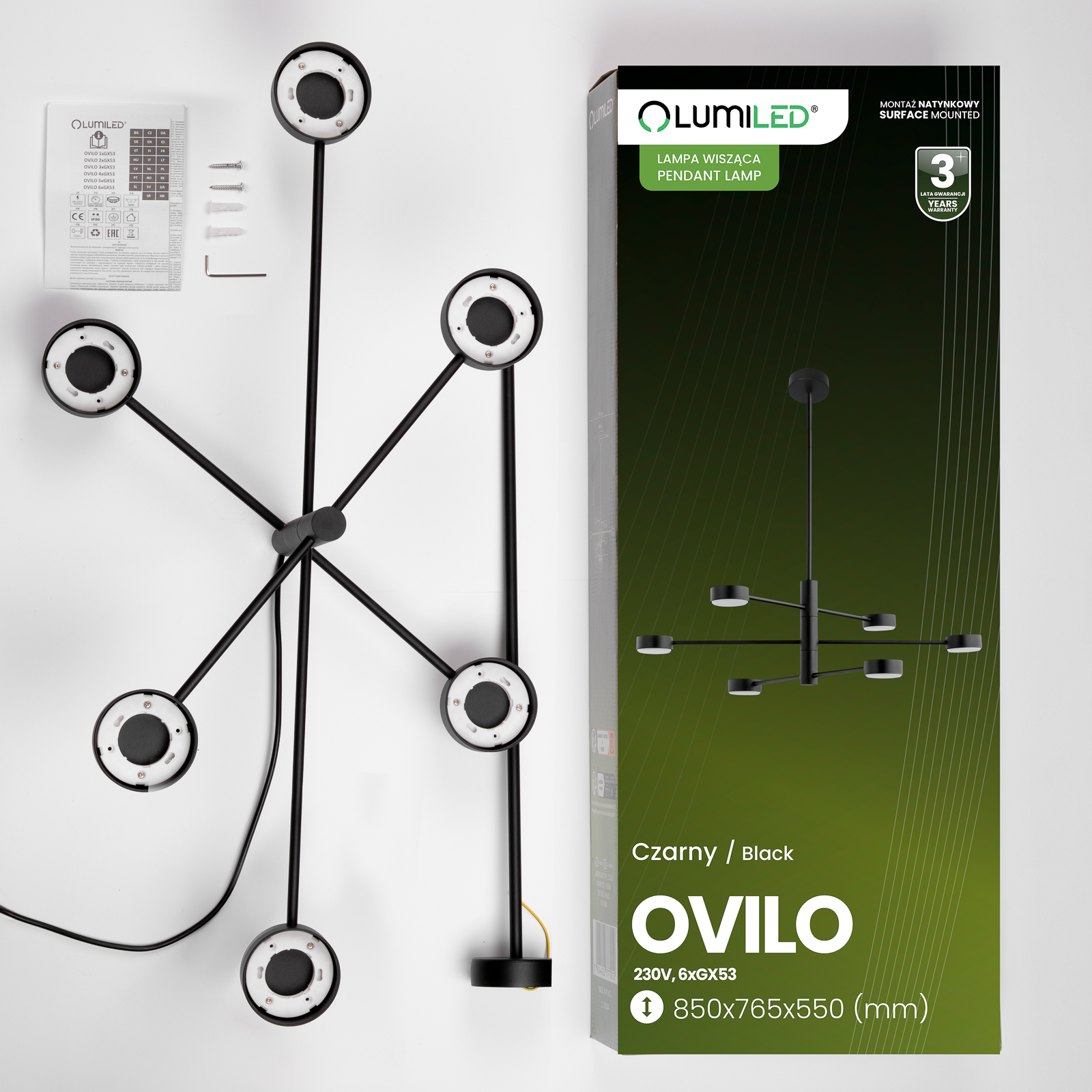 Lampa Sufitowa Wisząca LED 6x GX53 Żyrandol Reflektor Czarna OVILO LUMILED - skład produktu