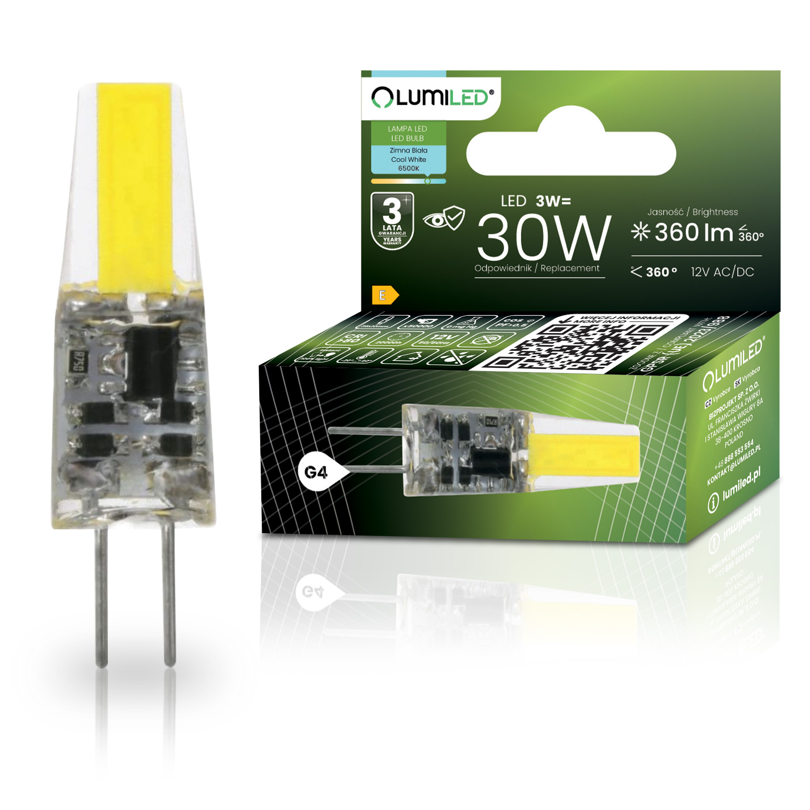 Żarówka LED G4 Kapsułka 3W = 30W 360lm 6500K Zimna 360° AC/DC 12V LUMILED - główne zdjęcie produktu