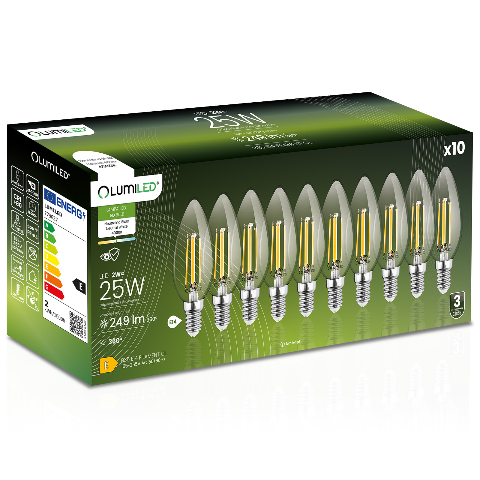 10x Żarówka LED E14 Świeczka B35 2W = 25W 249lm 4000K Neutralna 360° FILAMENT LUMILED - główne zdjęcie produktu