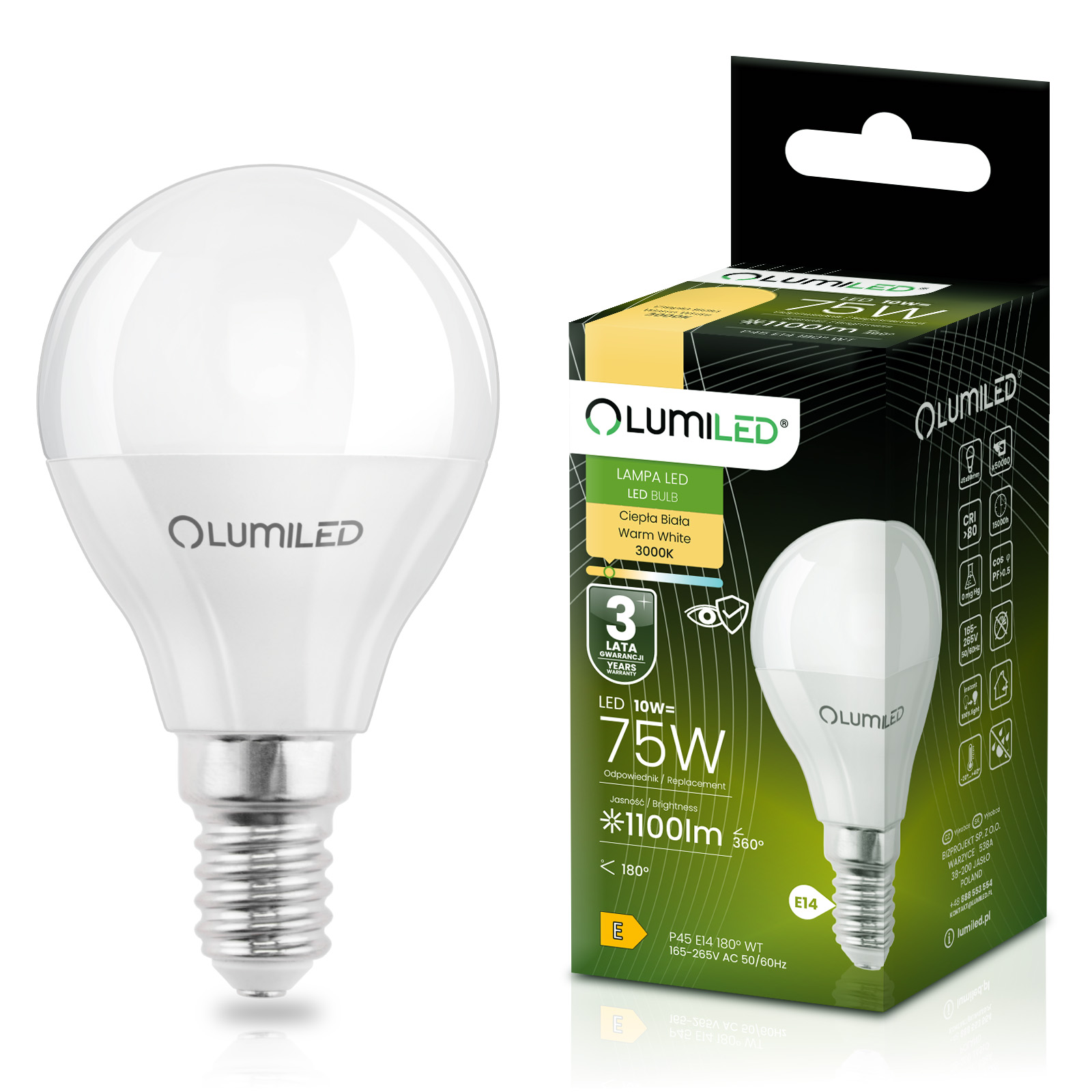 Żarówka LED E14 Kulka P45 10W = 75W 1100lm 3000K Ciepła 180° LUMILED - główne zdjęcie produktu