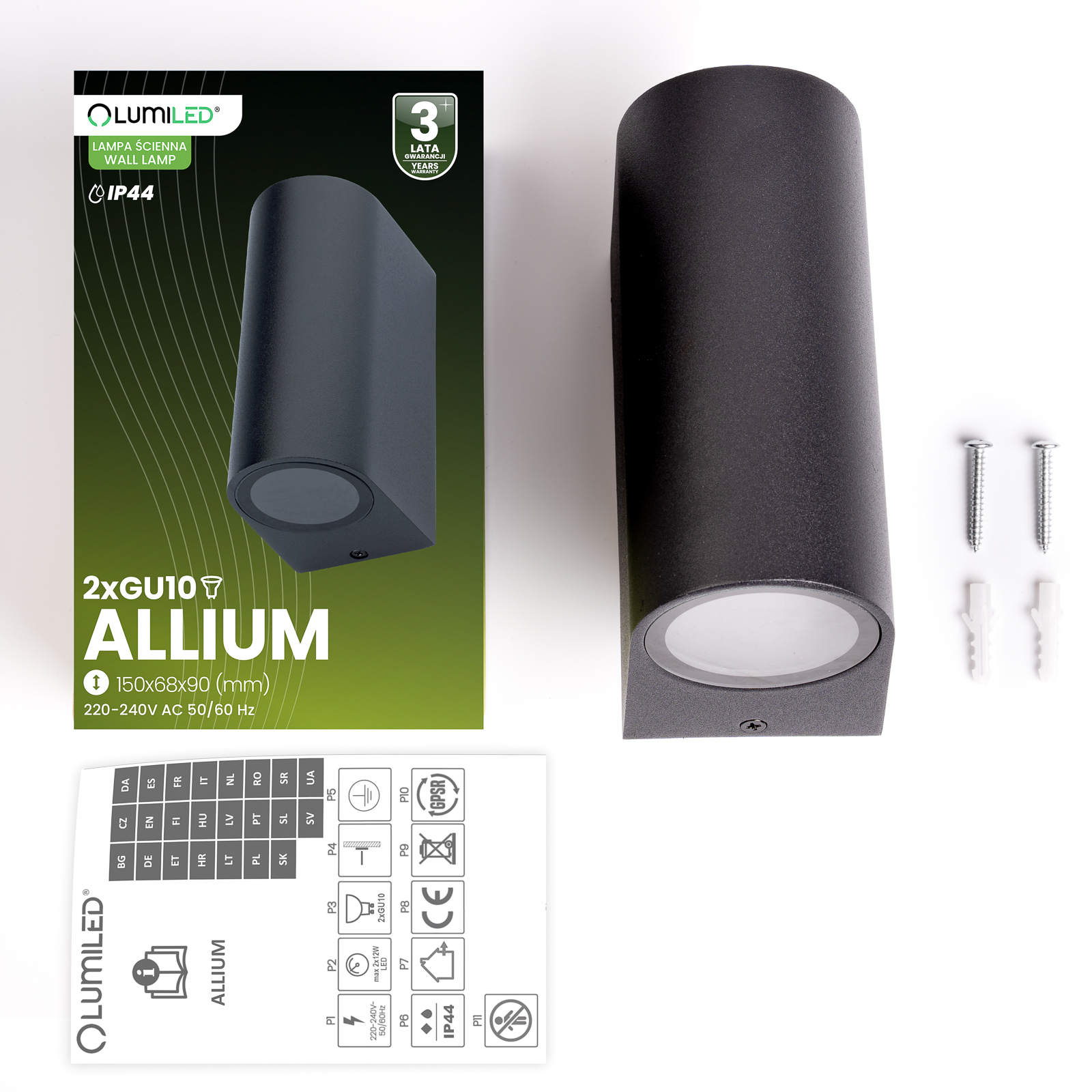 Kinkiet Ogrodowy Elewacyjny Lampa Zewnętrzna 2xGU10 ALLIUM Czarna LUMILED - skład produktu