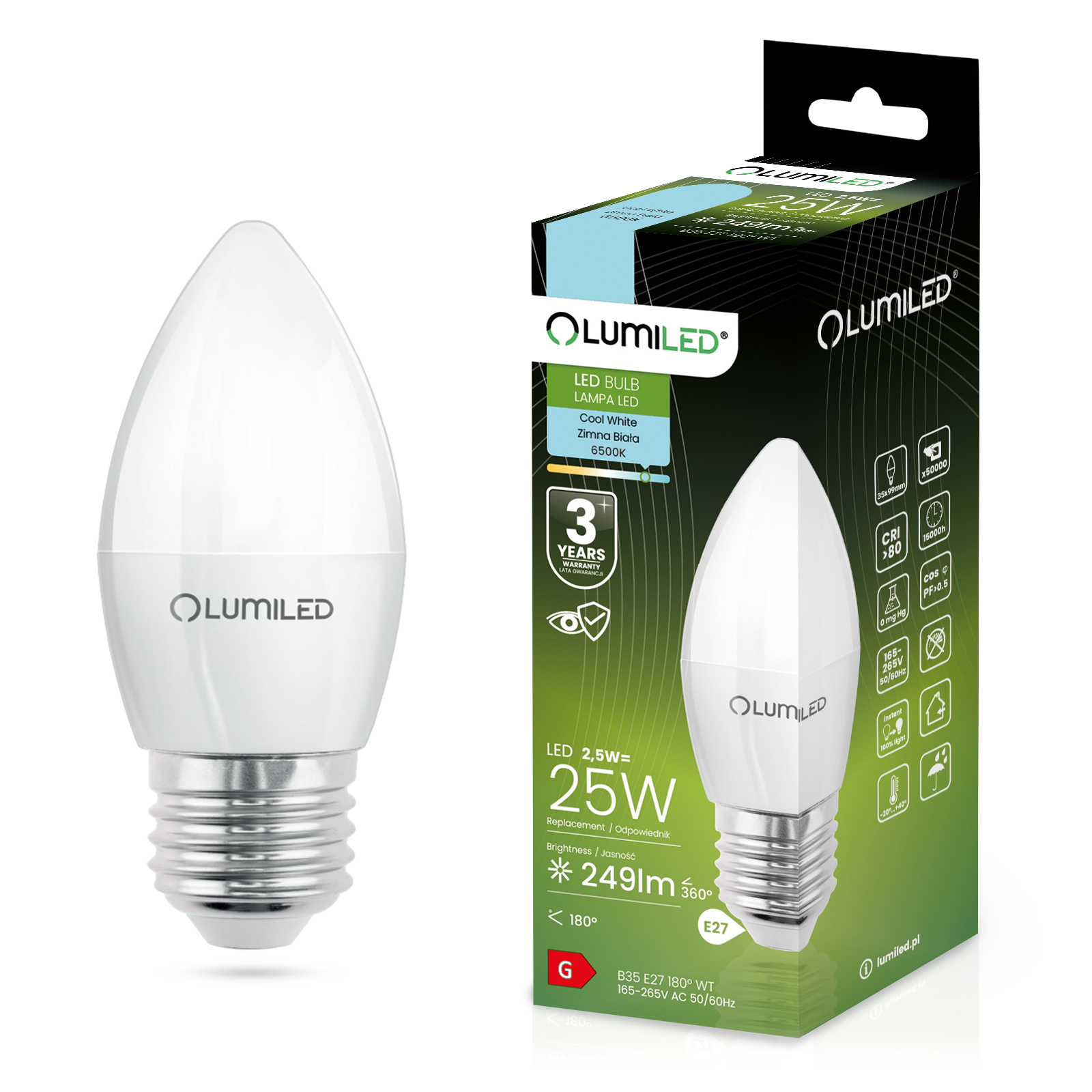 Żarówka LED E27 Świeczka B35 2,5W = 25W 249lm 6500K Zimna 180° LUMILED - główne zdjęcie produktu