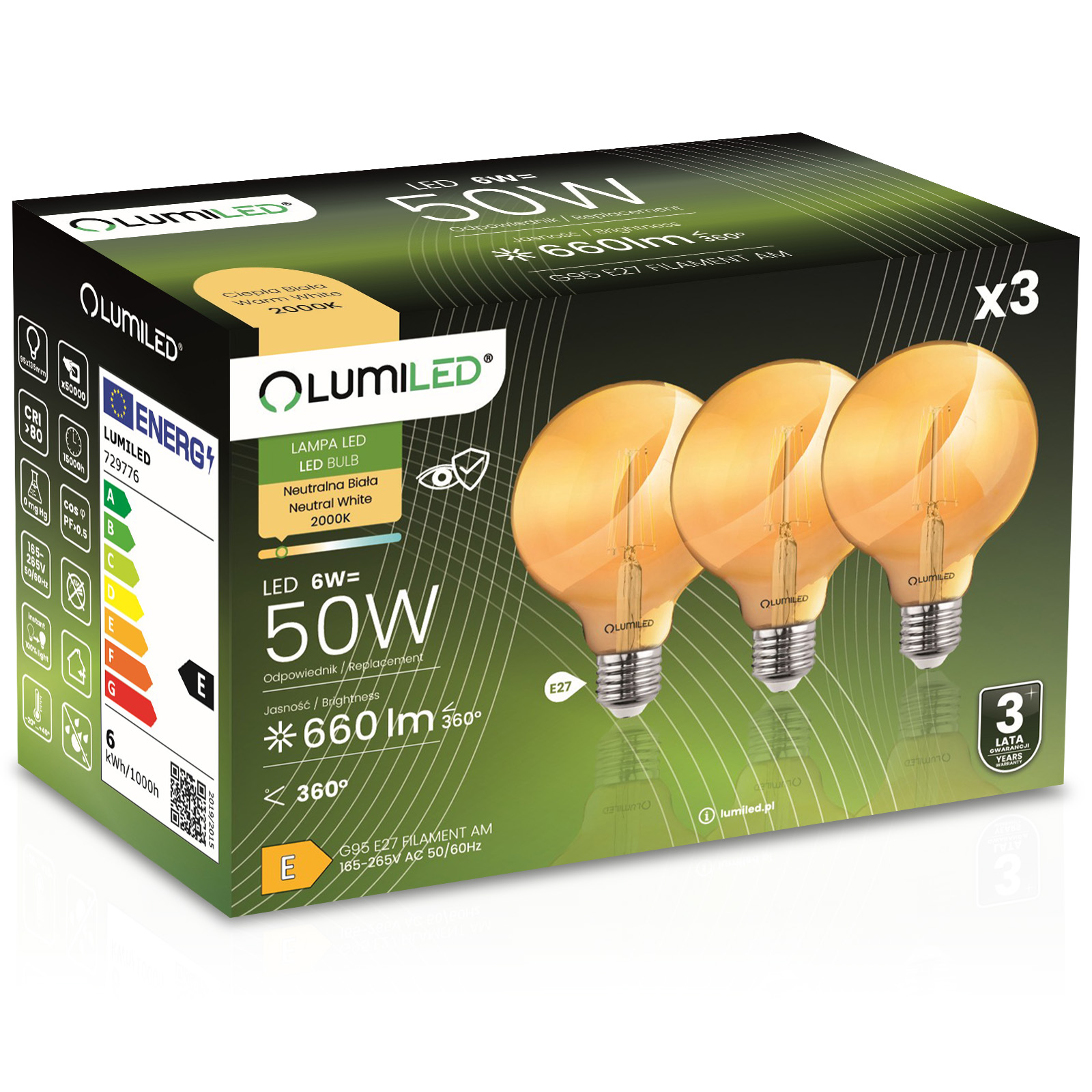 3x Żarówka LED E27 Kula G95 6W = 50W 660lm 2000K Ciepła 360° BURSZTYNOWA FILAMENT LUMILED - główne zdjęcie produktu