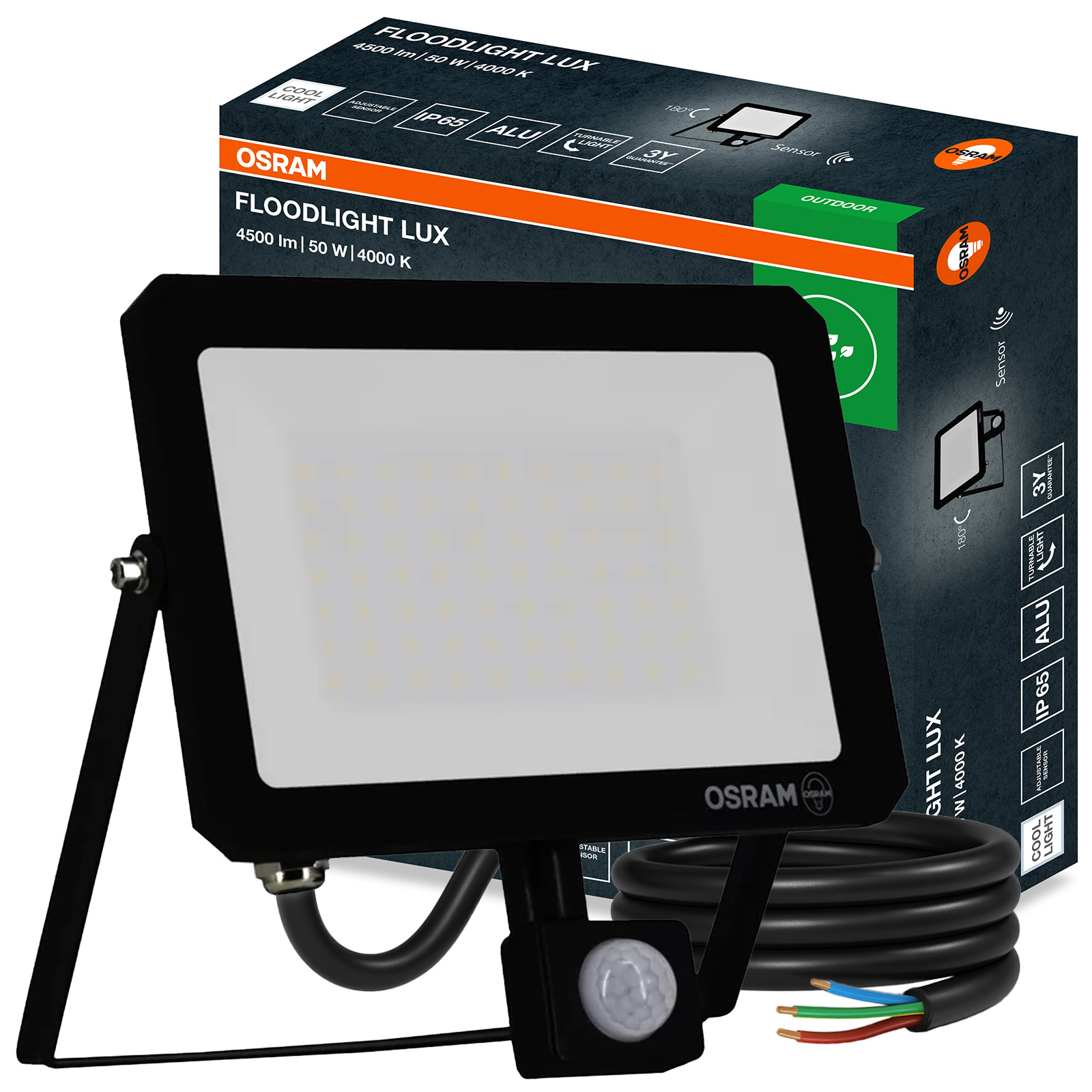 Naświetlacz LED Halogen Zewnętrzny Reflektor 50W 4000K 4500lm IP65 z Czujnikiem Ruchu i Zmierzchu SENSOR FLOODLIGHT LUX OSRAM - główne zdjęcie produktu