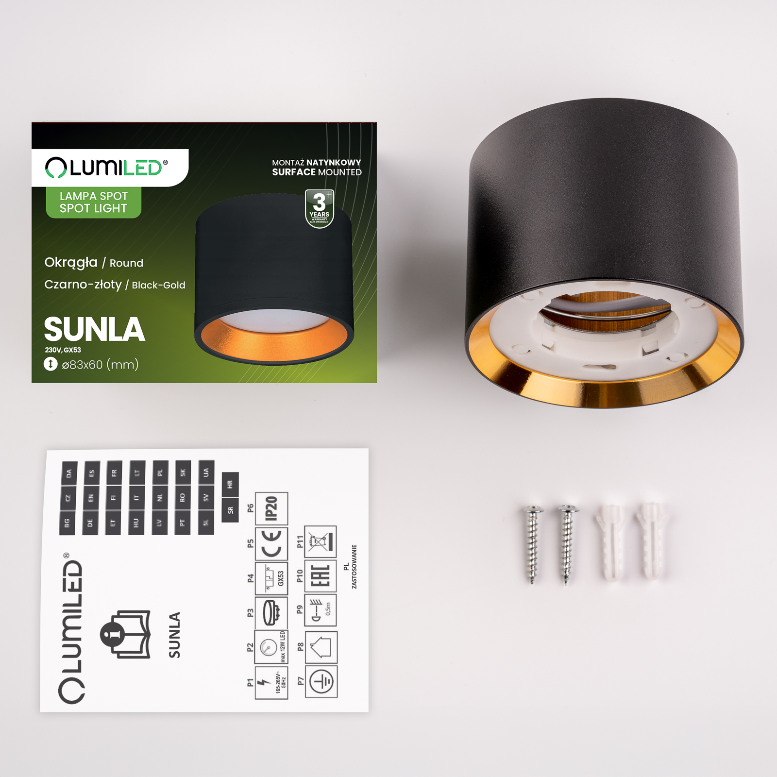 Oprawa HALOGENOWA Natynkowa SUNLA Tuba Gx53 LED Spot Kinkiet Sufitowa Walec Czarno - Złoty LUMILED - skład produktu
