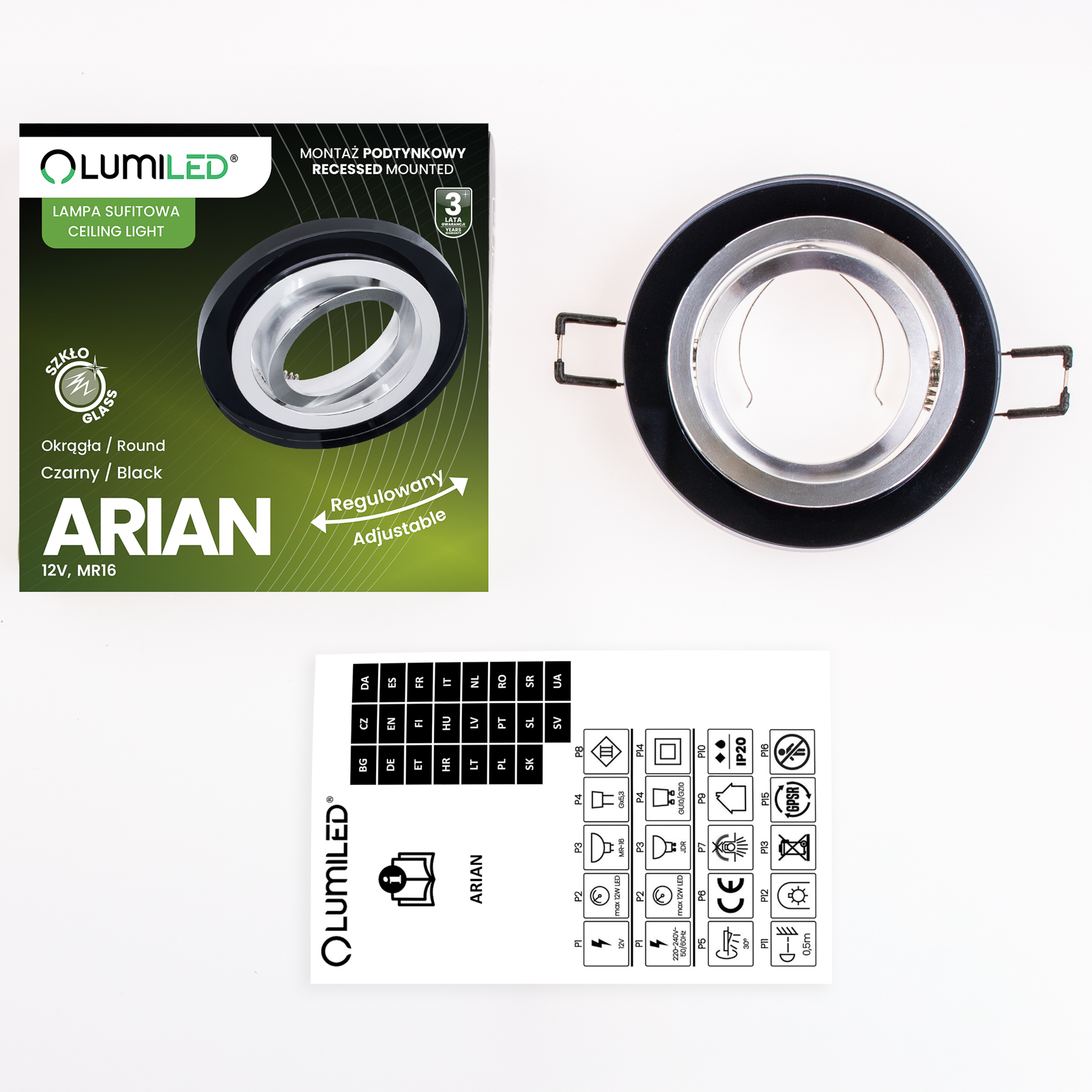 Oprawa Halogenowa Podtynkowa Lampa Sufitowa Szklana Okrągła Ruchoma GU10 ARIAN LUMILED - skład produktu