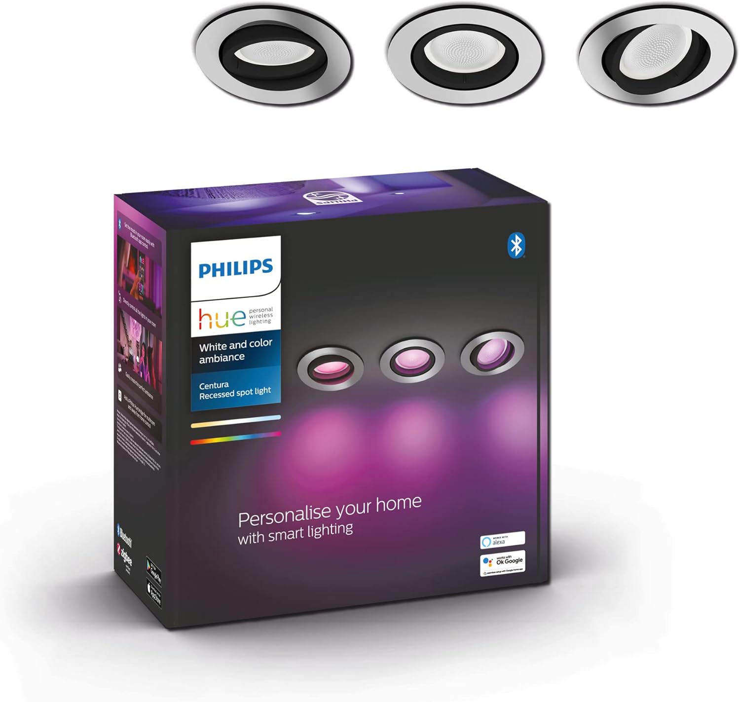 3x Oprawa Podtynkowa Wpuszczana LED 4.2W 400lm IP20 White and Color Ambiance RGB + TW Aluminium Inteligentna SMART Zigbee Bluetooth Centura Philips HUE - główne zdjęcie produktu
