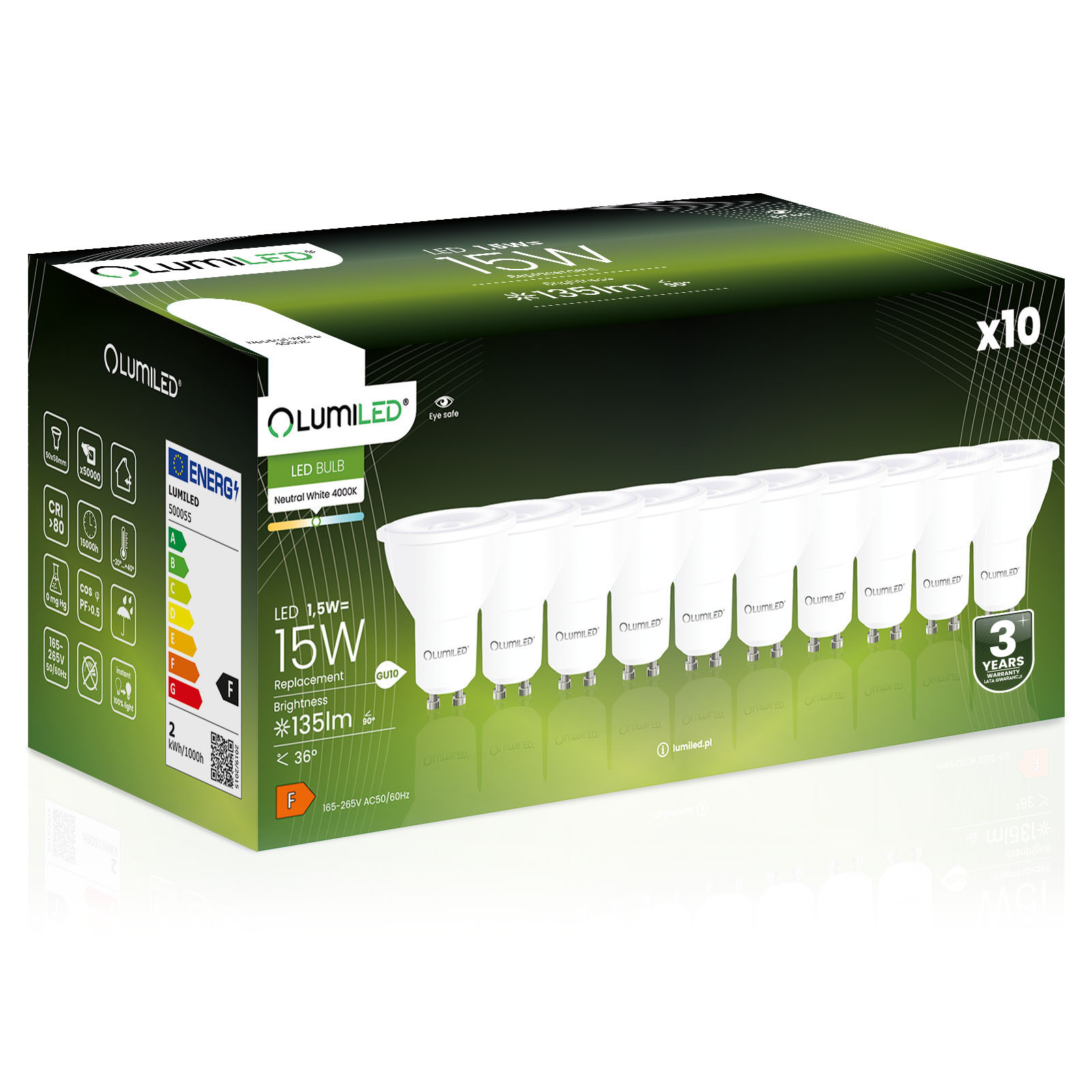 10x Żarówka LED GU10 Reflektor PAR16 1,5W = 15W 135lm 4000K Neutralna 36° LUMILED - główne zdjęcie produktu
