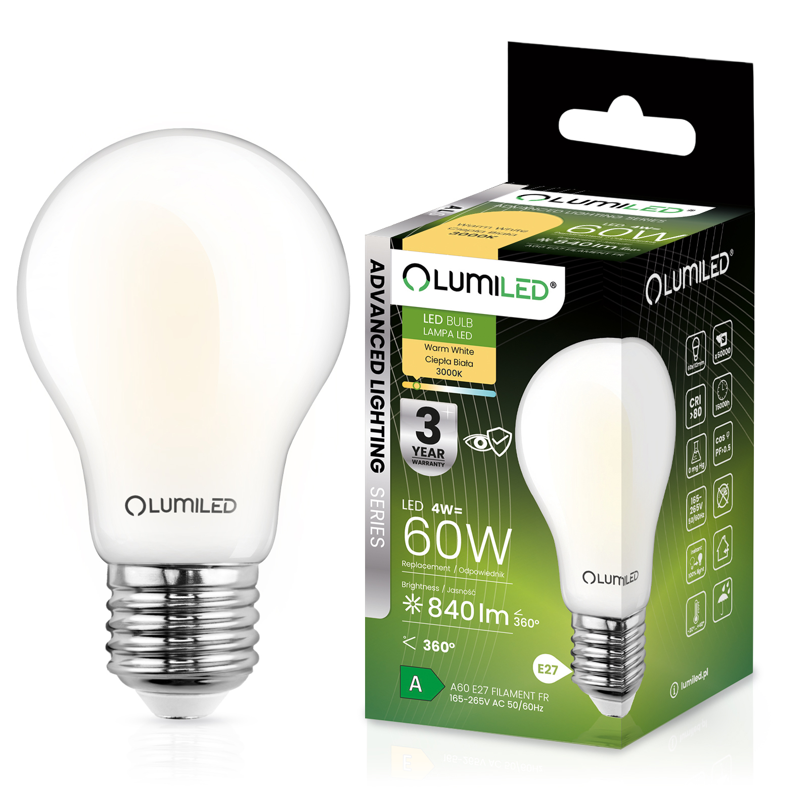 Żarówka LED E27 A60 4W = 60W 840lm 3000K Ciepła 360° FILAMENT LUMILED - główne zdjęcie produktu
