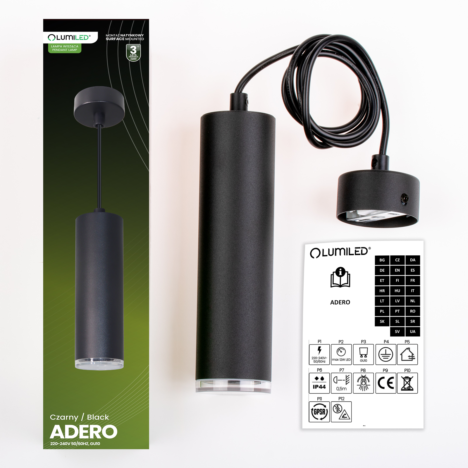 Lampa Wisząca Sufitowa LED GU10 Żyrandol Reflektor Tuba Zwis IP44 ADERO Czarny LUMILED - skład produktu