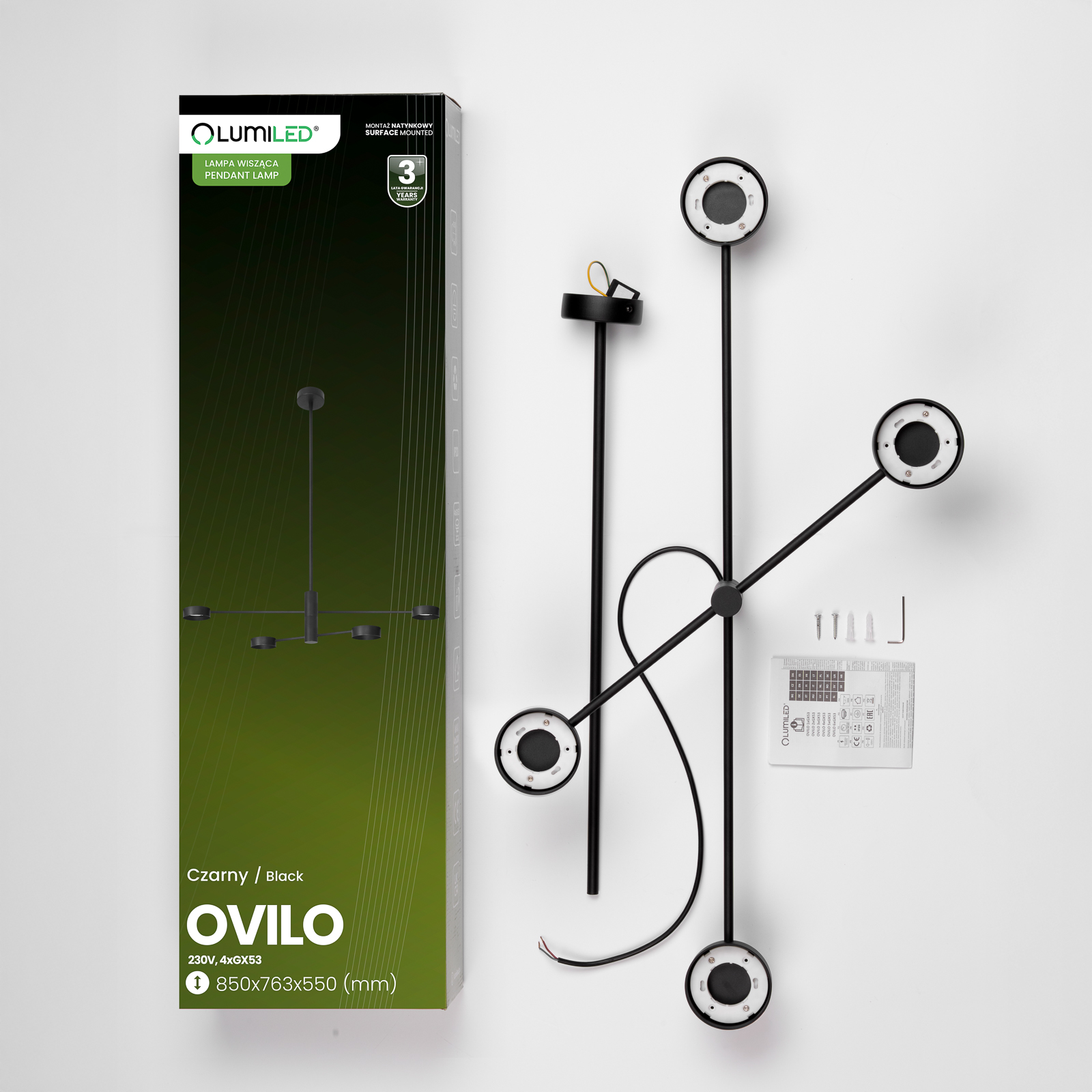 Lampa Sufitowa Wisząca LED 4x GX53 Żyrandol Reflektor Czarna OVILO LUMILED - skład produktu