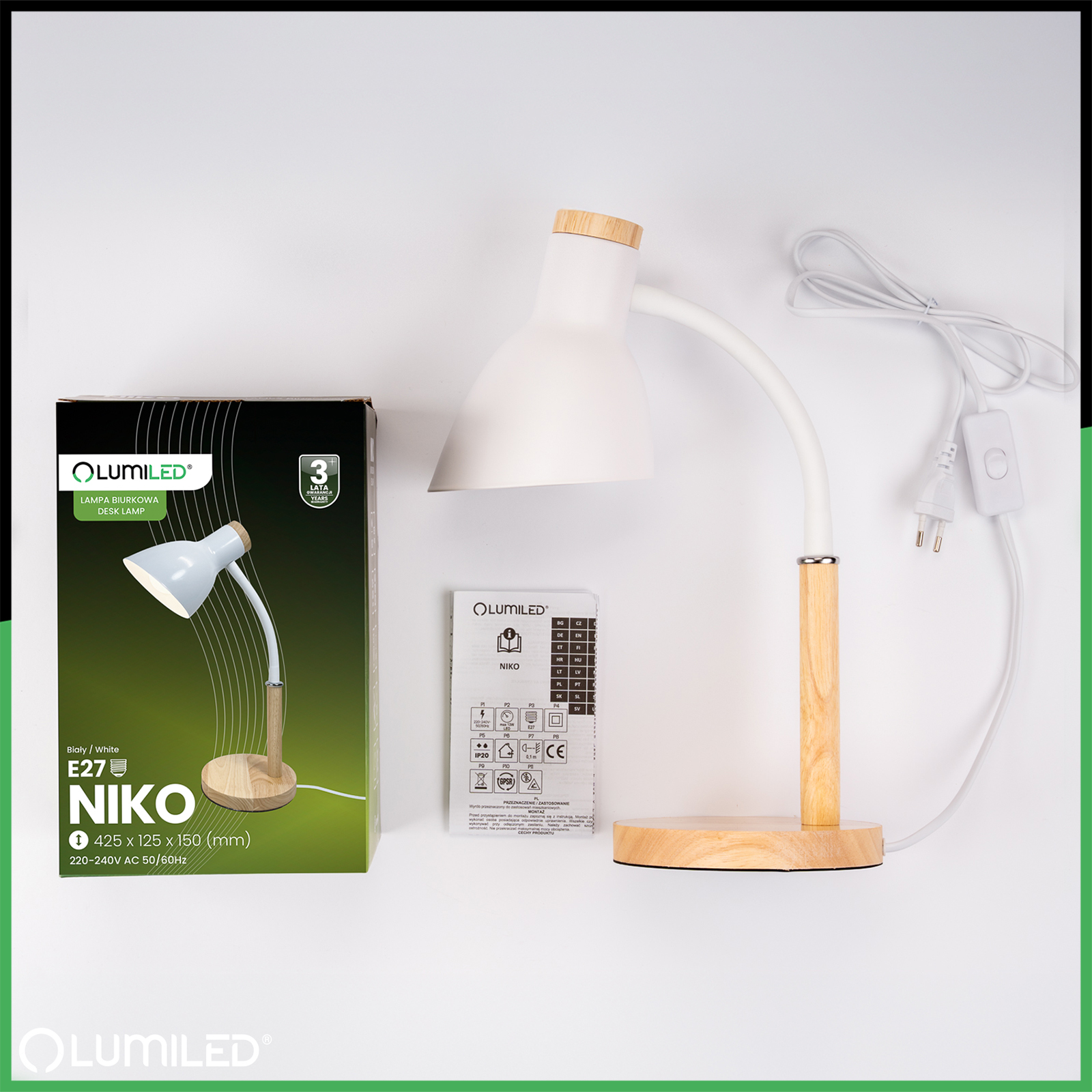 Lampka Biurkowa Szkolna Kreślarska Stołowa Dekoracyjna E27 NIKO Biała  Lumiled - skład produktu