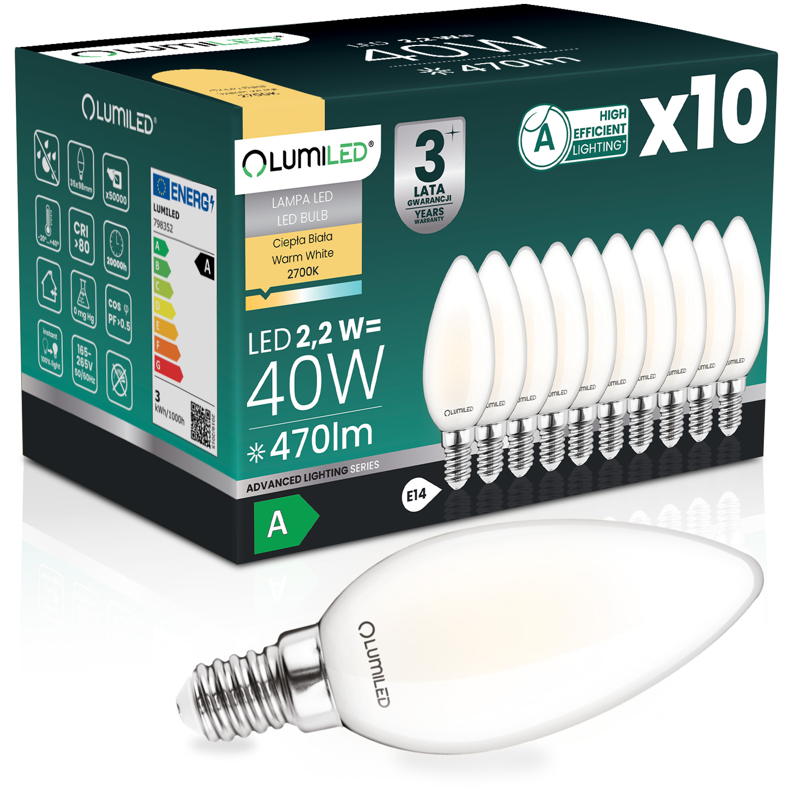 10x Żarówka LED E14 Świeczka B35 2,2W 470lm = 40W 2700K Ciepła 360° Filament KLASA A LUMILED - główne zdjęcie produktu