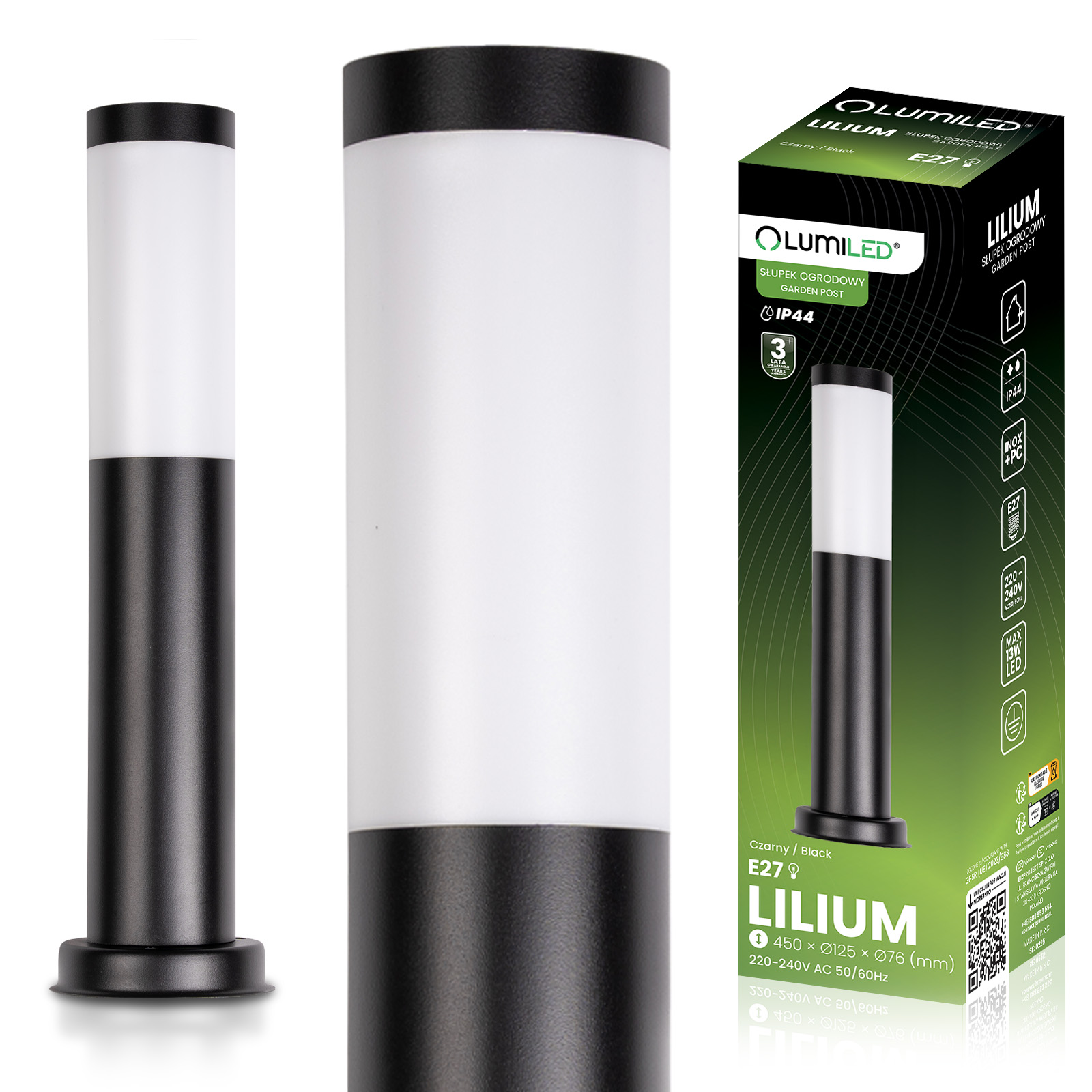 Lampa Ogrodowa Zewnętrzna E27 CZARNY SŁUPEK 45cm Lilium LUMILED - główne zdjęcie produktu