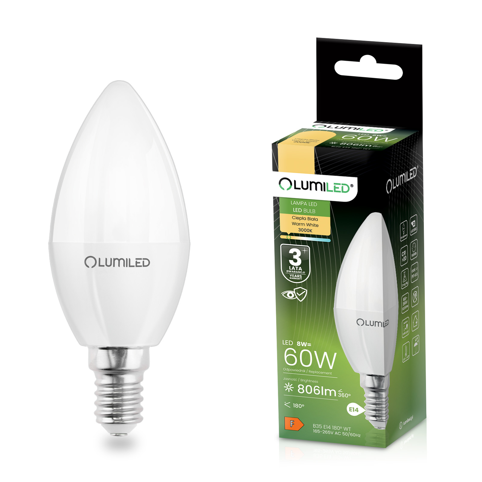Żarówka LED E14 Świeczka B35 8W = 60W 806lm 3000K Ciepła 180° LUMILED - główne zdjęcie produktu