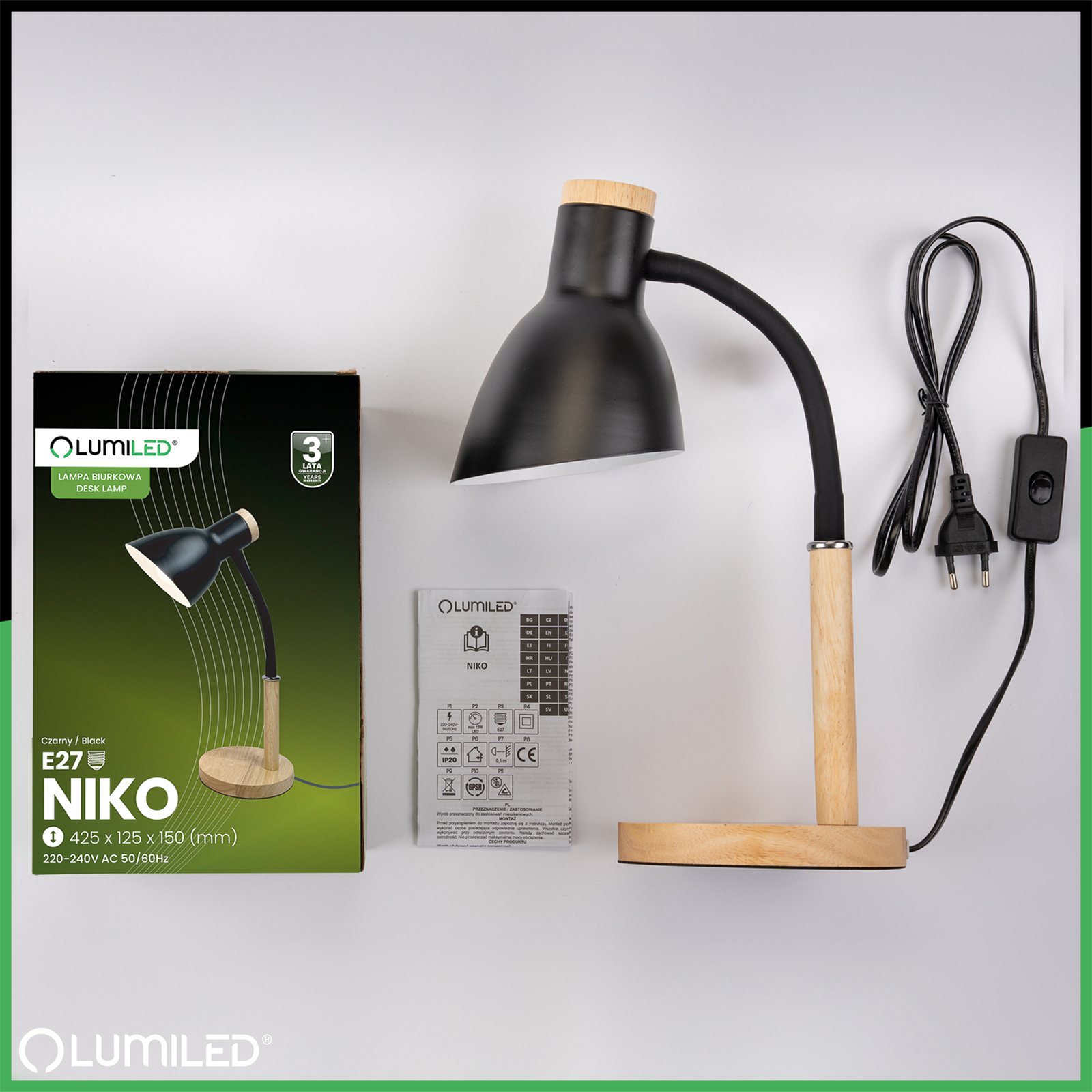 Lampka Biurkowa Szkolna Kreślarska Stołowa Dekoracyjna E27 NIKO Czarna Lumiled - skład produktu