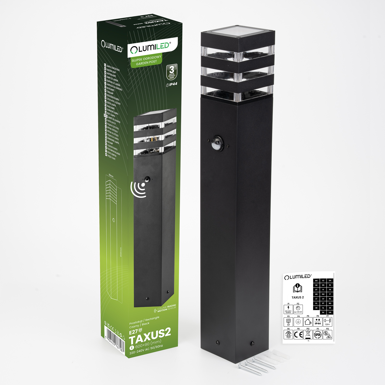 Lampa Ogrodowa Słupek Zewnętrzny Stojący E27 LED Czujnik Ruchu TAXUS 2 60cm LUMILED - skład produktu