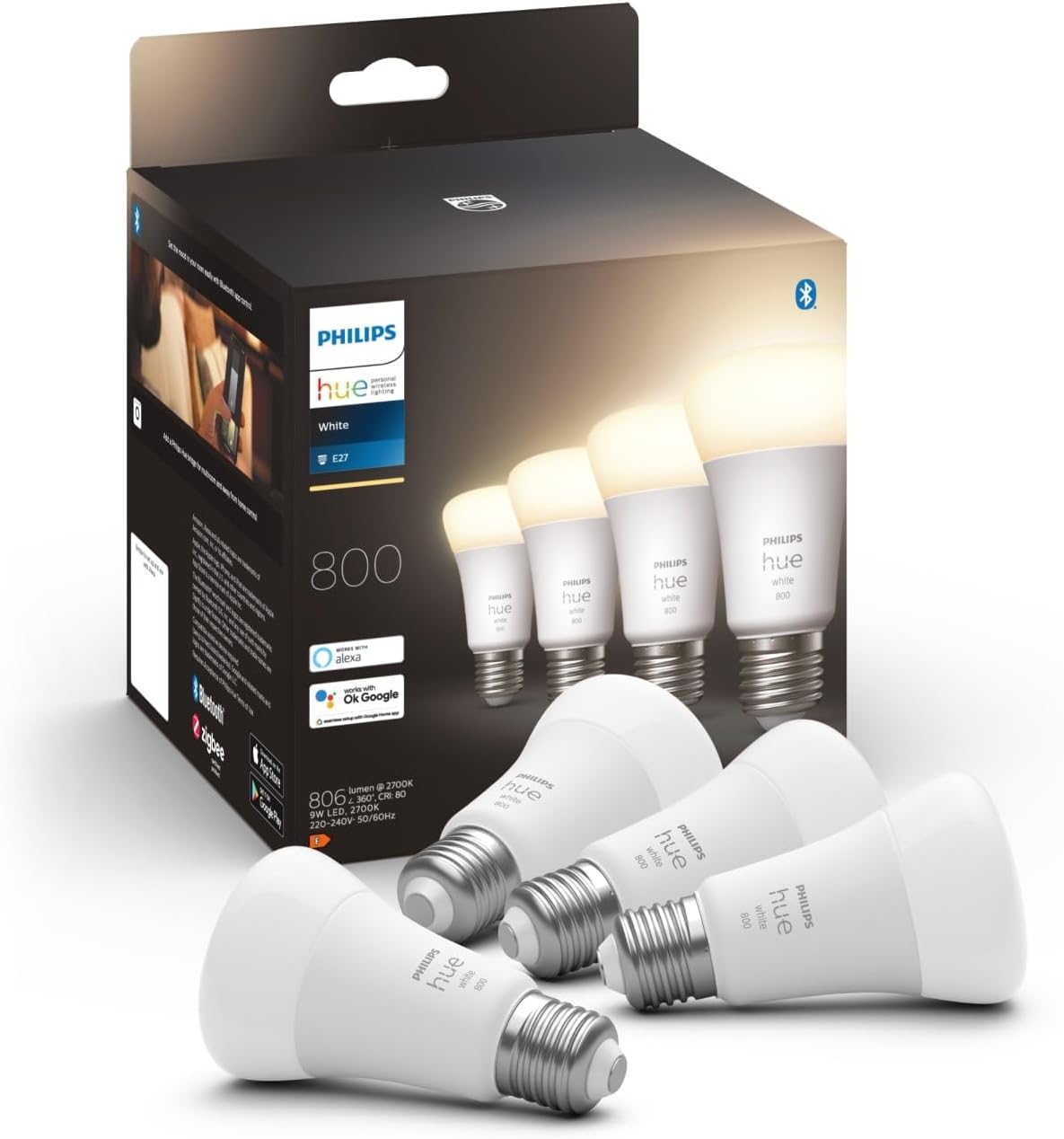 4x Żarówka LED E27 A60 9W = 60W 800lm 2700K Biała Ciepła SMART Inteligentna Bluetooth ZigBee White Philips HUE - główne zdjęcie produktu