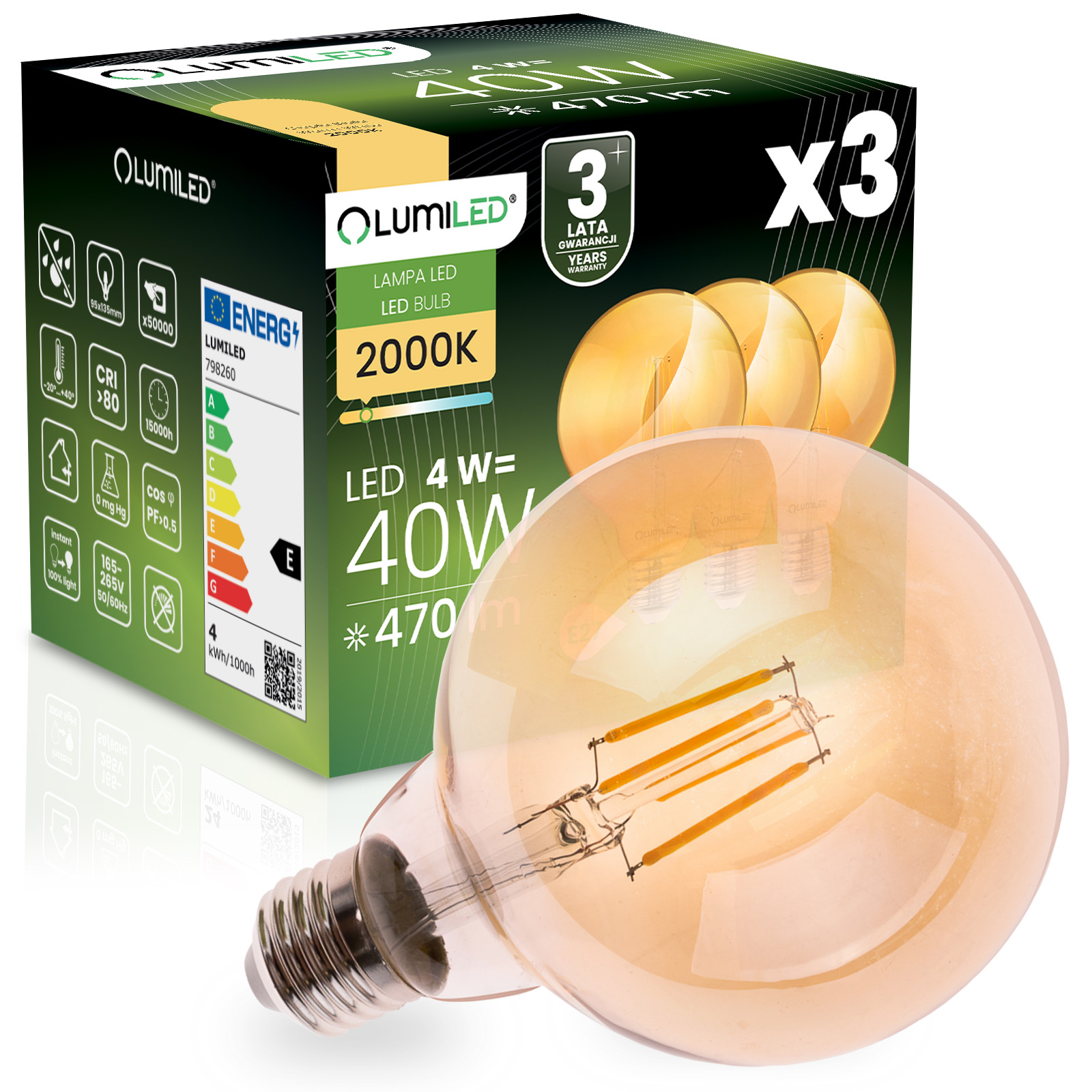3x Żarówka LED E27 Kula G95 4W = 40W 470LM 2000K Ciepła 360° Bursztynowa Filament LUMILED - główne zdjęcie produktu
