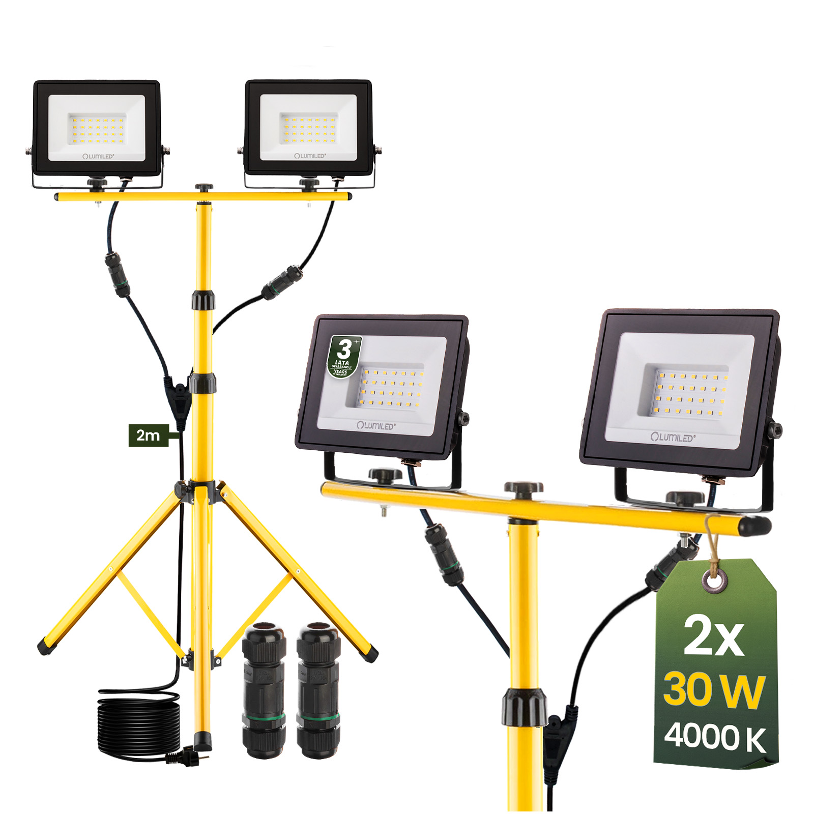 Naświetlacz LED Lampa 2x30W Robocza Statyw Budowlany 4000K - główne zdjęcie produktu