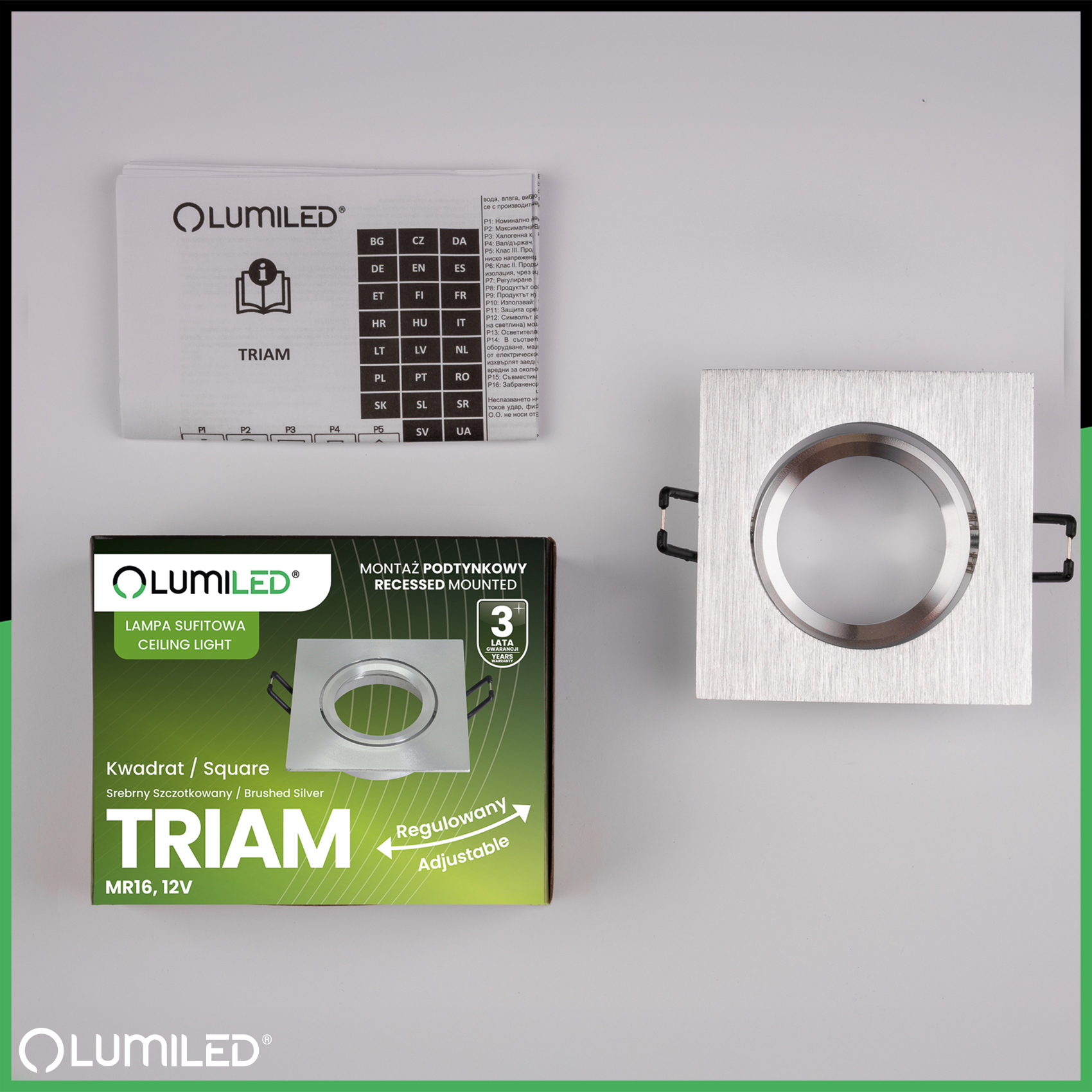 Oprawa Halogenowa Podtynkowa Lampa Sufitowa Kwadrat Ruchoma GU10 MR16 Srebrna TRIAM LUMILED - skład produktu